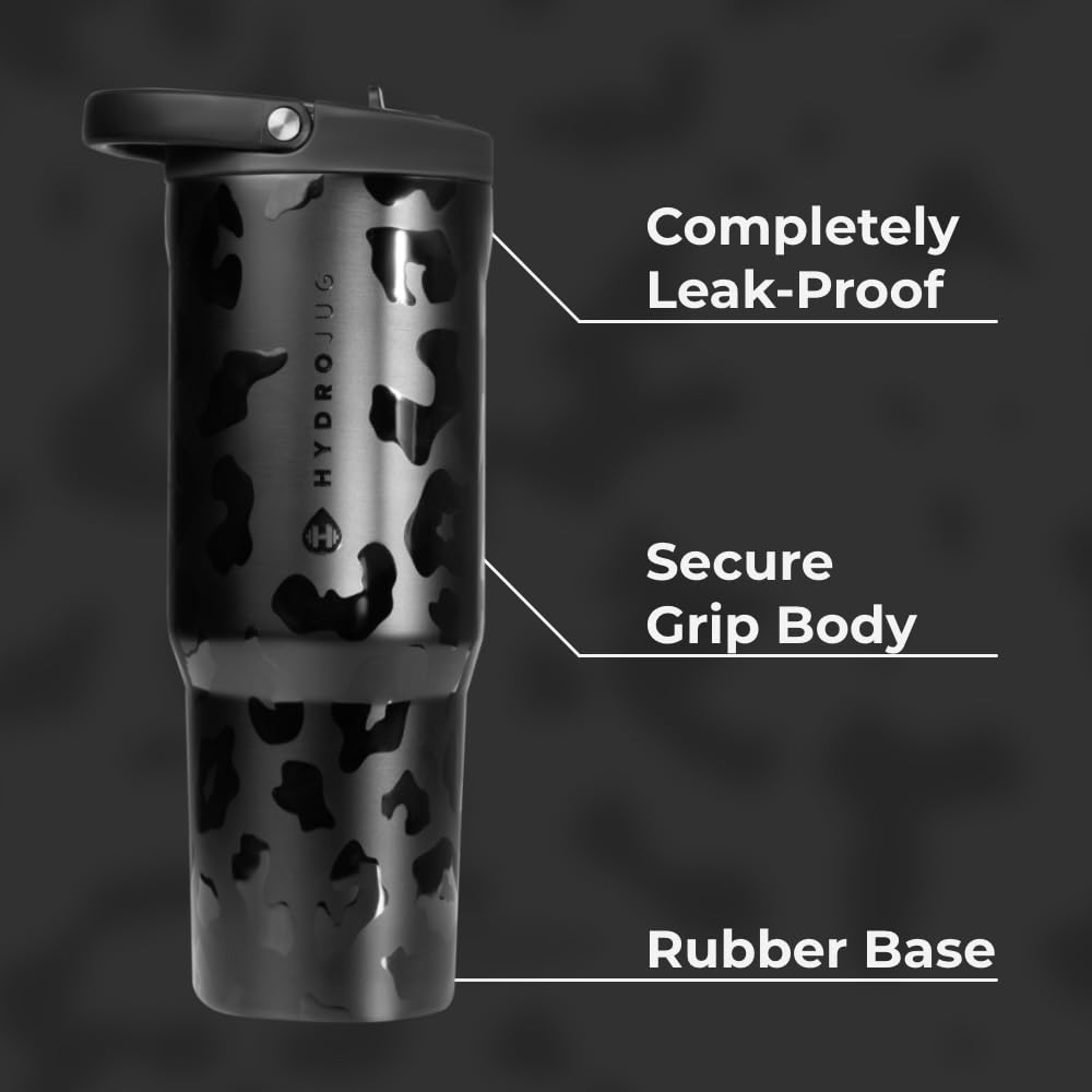 HydroJug Sport - 32oz Stainless Steel Vacuum Insulated Water Bottle with Straw | Leakproof, Dishwasher Safe & Durable | Ergonomic Design with Rubber Base | Perfect for Gym, Hiking, Workouts & Outdoor Activities | Black Leopard Print