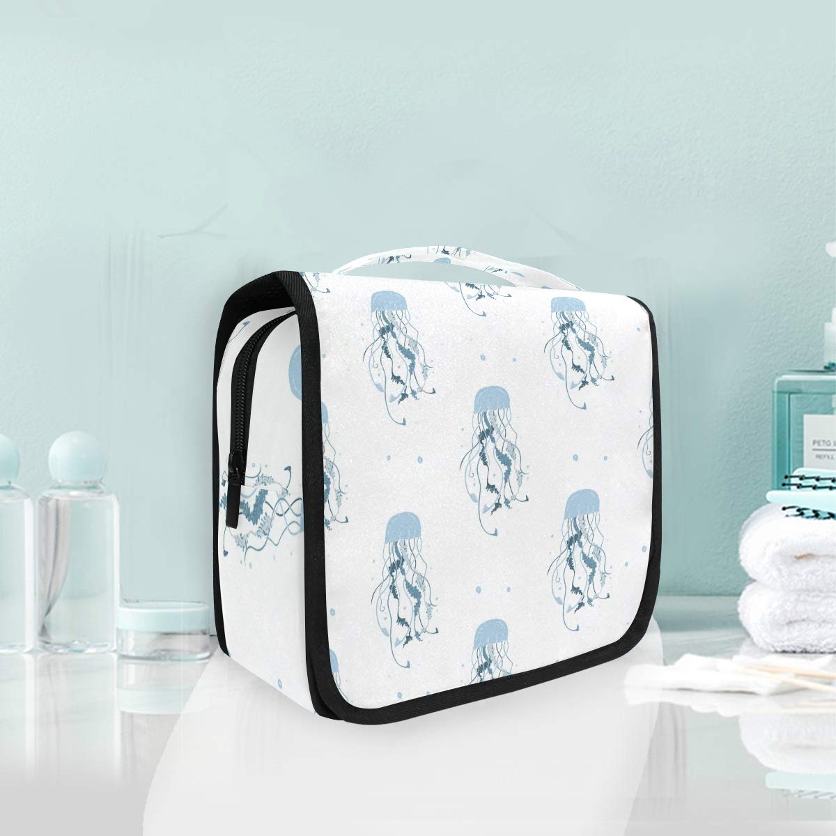 MOYYO Travel Hanging Toiletry Bag - Waterproof Cosmetic Organizer for Women | Portable Makeup Pouch with Blue Jellyfish Design | Perfect for Shower, Gym, Vacation & Daily Use