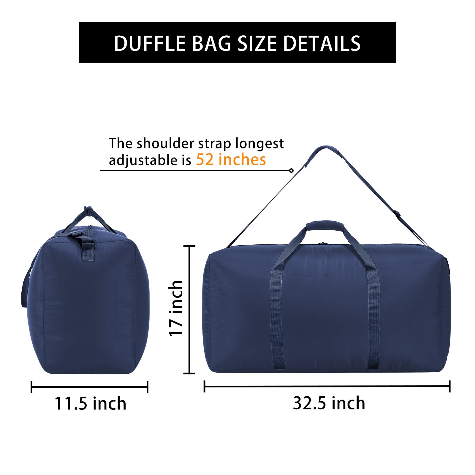 105L Extra Large Duffel Bag 32.5 Inch Lightweight Travel Luggage Bag for Gym, Camping & Sports - Navy Blue Waterproof Duffle with Shoulder Strap - Perfect for Weekend Trips & Outdoor Adventures