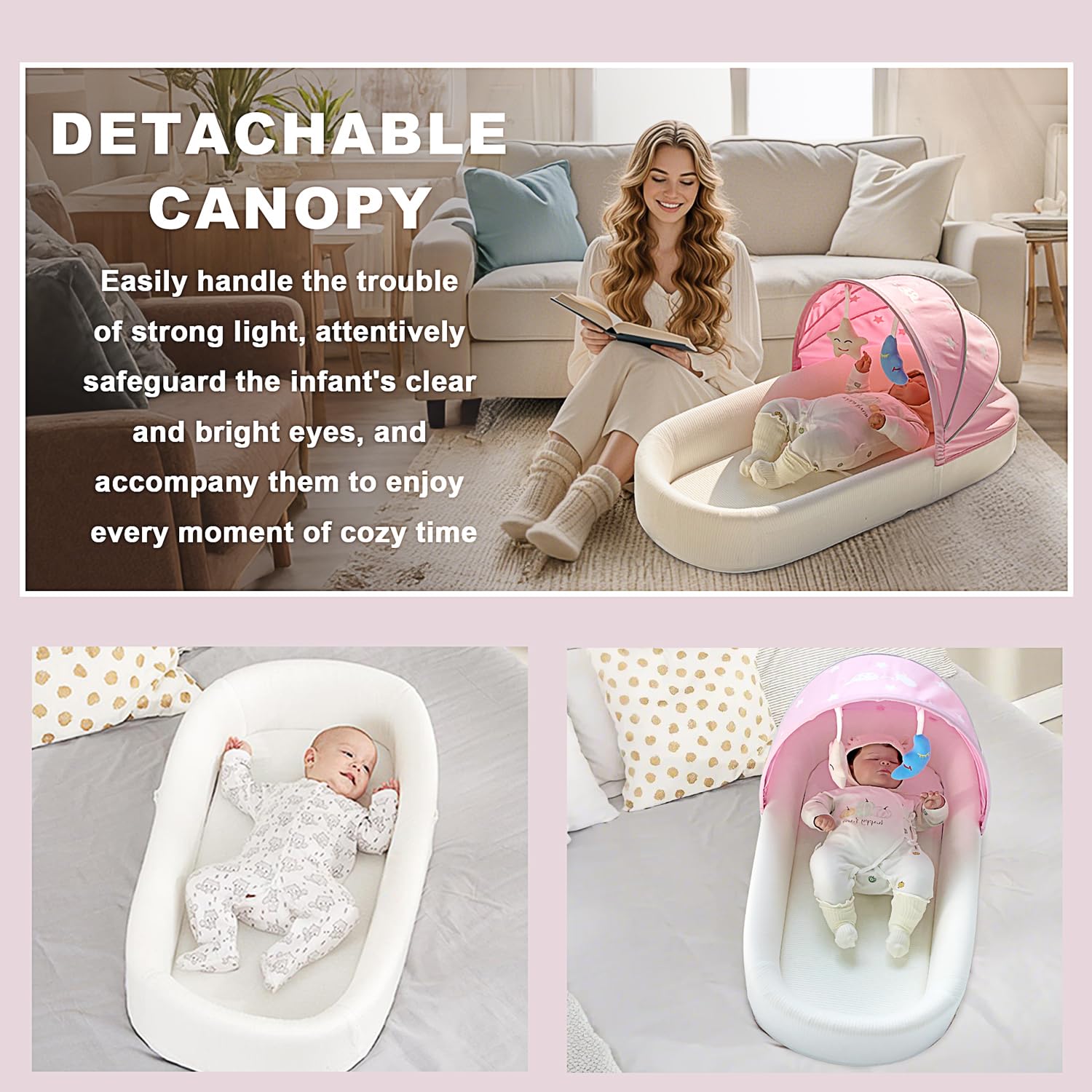 Portable Newborn Nest Lounger - Travel Bassinet with Canopy & Mosquito Net, Lightweight Foldable Baby Bed with Cotton Cover & Supportive Mattress - Washable for Indoor & Outdoor Use (Pink) - Perfect for Nursery, Travel, Beach & Park Outings