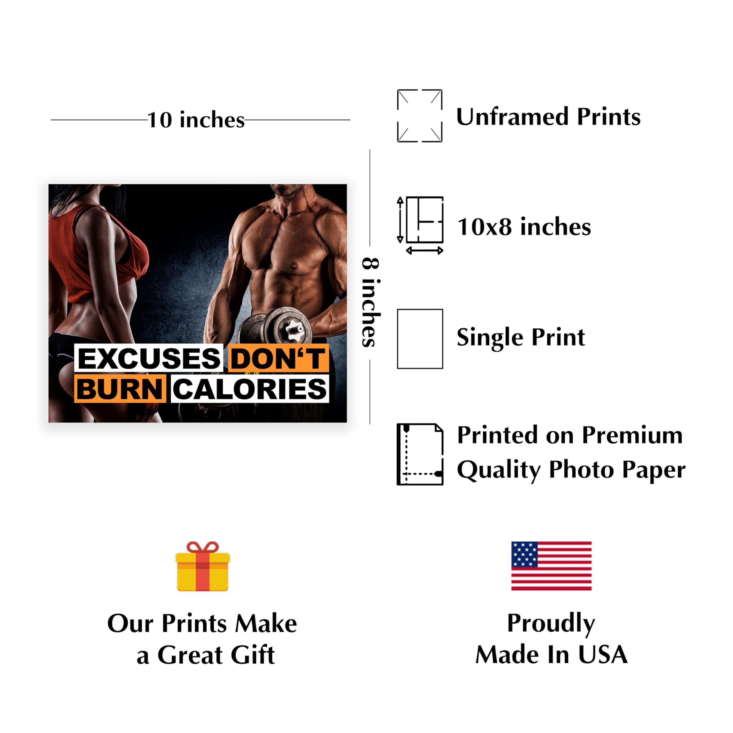 Excuses Don't Burn Calories - Motivational Fitness Wall Art Print | Modern Home, Office & Gym Decor | Inspirational Workout Sign | Perfect Gift for Fitness Lovers | Unframed 10x8 Inches | Ideal for Home Gym, Workout Room & Office Motivation