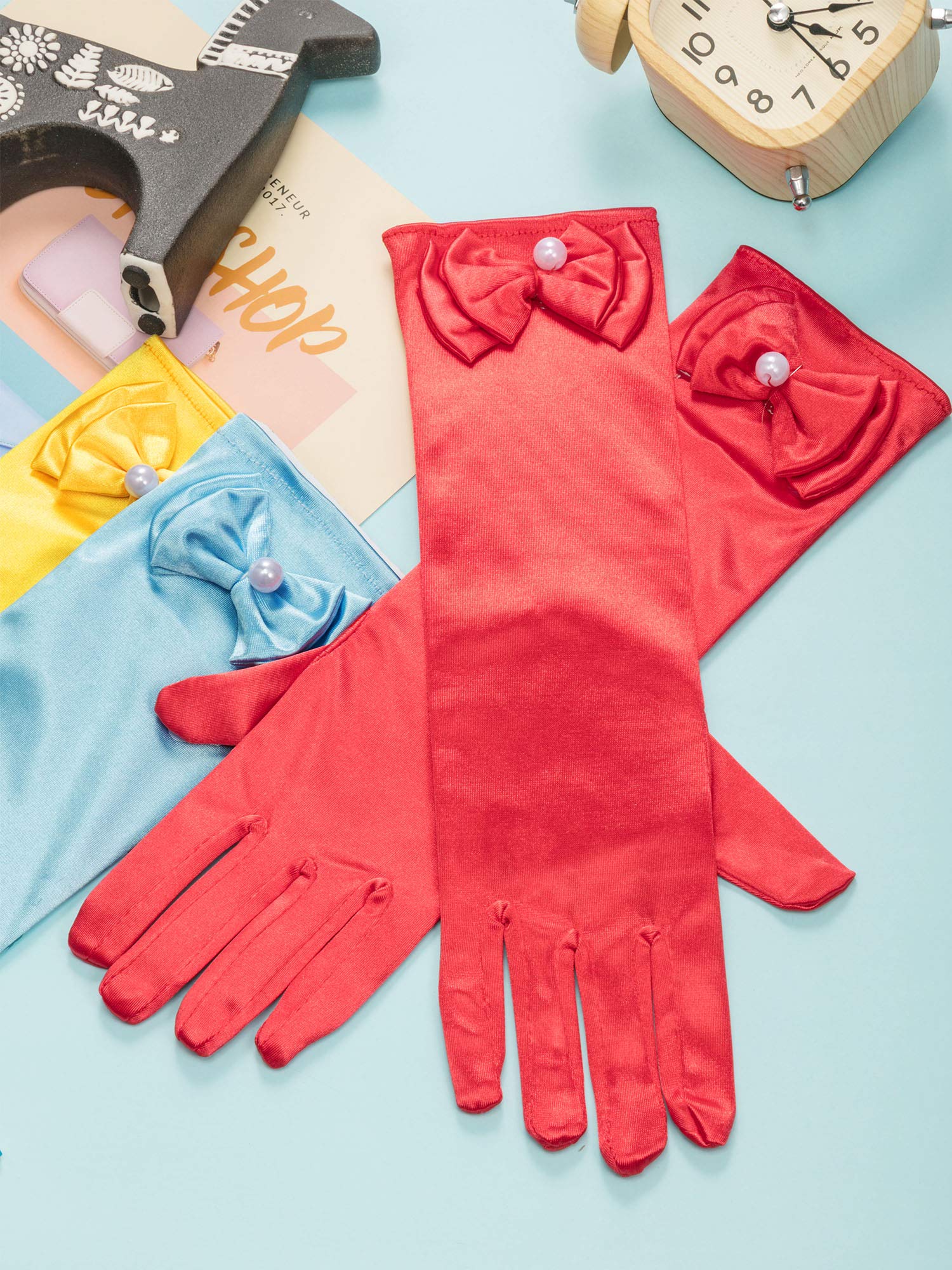 Elegant 6 Pairs Satin Gloves for Women - Long Formal Princess Gloves with Bows for Party, Wedding, Prom, Cosplay & Dress Up (Perfect for Brides, Dancers & Costume Events)