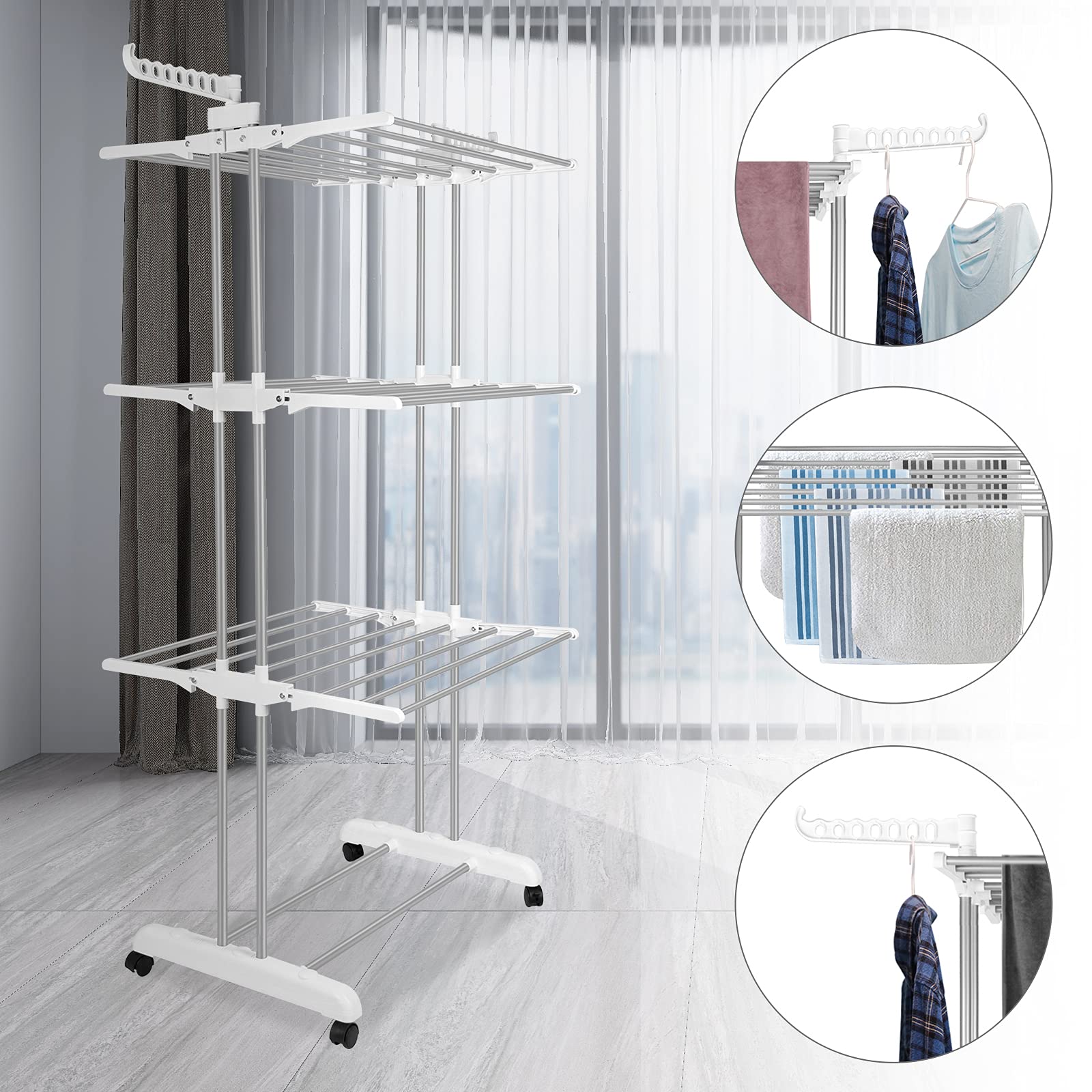 Bigzzia 4-Tier Stainless Steel Clothes Drying Rack - Foldable Laundry Rack for Indoor & Outdoor Use with 2 Side Wings | Space-Saving Grey White Garment Organizer | Perfect for Apartments, Balconies, and Small Spaces