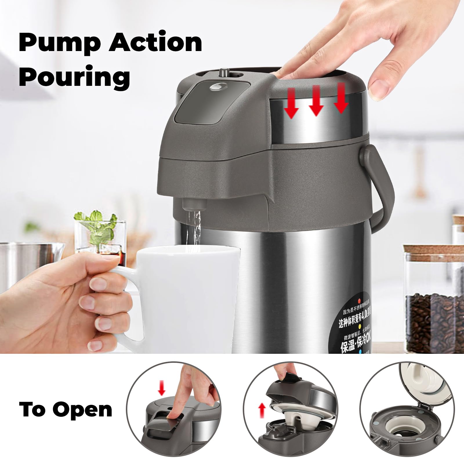 Stainless Steel Coffee Carafe with Pump - 4L Thermal Dispenser for Hot Drinks | Office & Catering Use