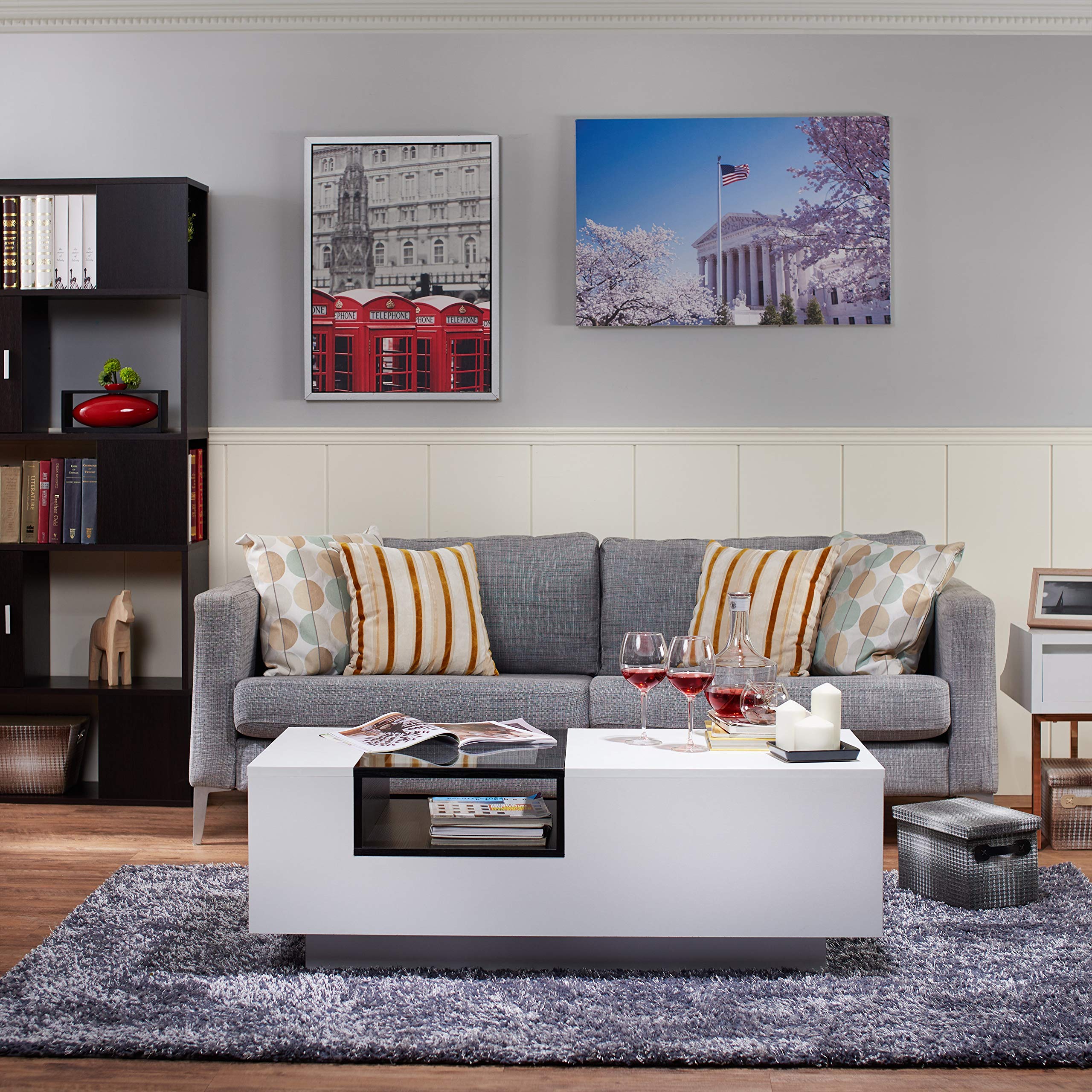 Modern White Glass Top Coffee Table with Black Glam Design - Urban Rectangle MDF Veneer with Storage Shelf - Perfect for Living Room, Office & Small Spaces