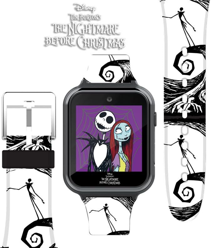 Disney Nightmare Before Christmas Kids Smartwatch – Interactive Jack & Sally Design with 10 Clock Faces, Step Counter, Selfie Camera, Games, Calculator, Alarm & Timer – Fits Wrists 5.5