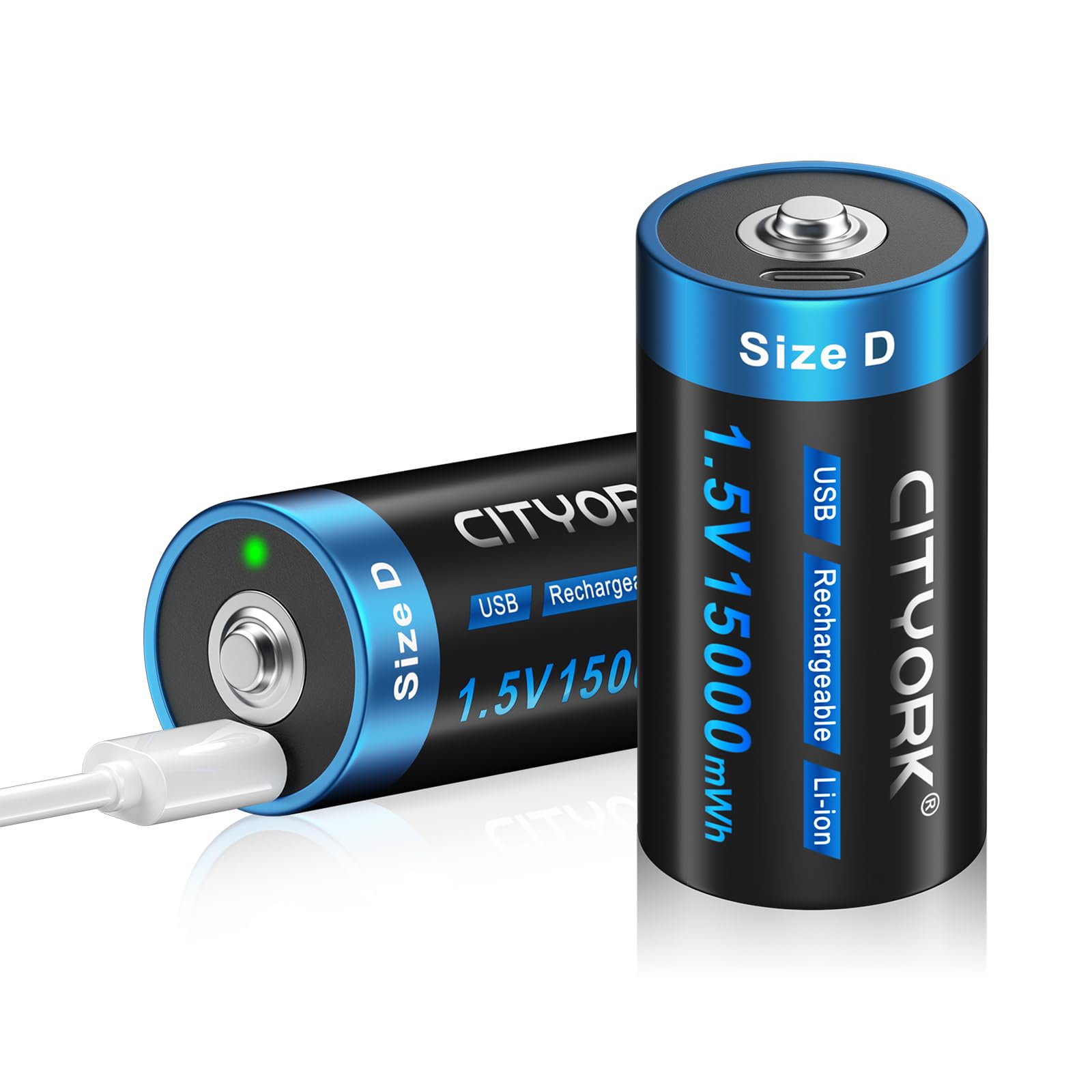 2 Pack 15000mAh USB-C Rechargeable D Cell Lithium Batteries - Fast Charging 1.5V Constant Output Li-ion Batteries with USB Type C Port (Includes 2-in-1 Charging Cable) - Perfect for Flashlights, Camping Gear, Emergency Kits & High-Drain Devices