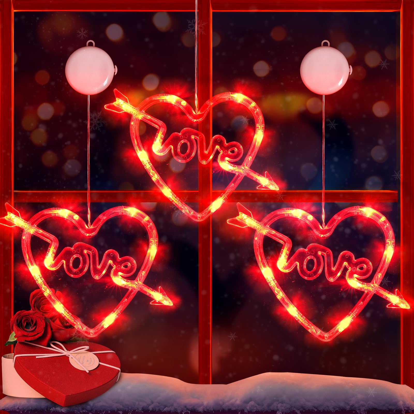 MUYUN Valentine's Day Window Lights Decorations - 3PCS Heart Shaped LED String Lights with Suction Cups, Timer & Battery Power for Home, Wedding, Anniversary - Romantic Indoor/Outdoor Decor for Bedroom, Living Room, Party