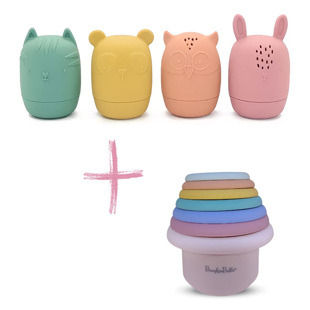 Non-Toxic Silicone Bath Toys 4-Pack - Montessori Stackable Cups for Babies | Dishwasher Safe & Easy to Clean | Toddler Bath Time Essentials for Sensory Play & Learning | Perfect for Bathtub Fun, Early Education & Baby Shower Gifts