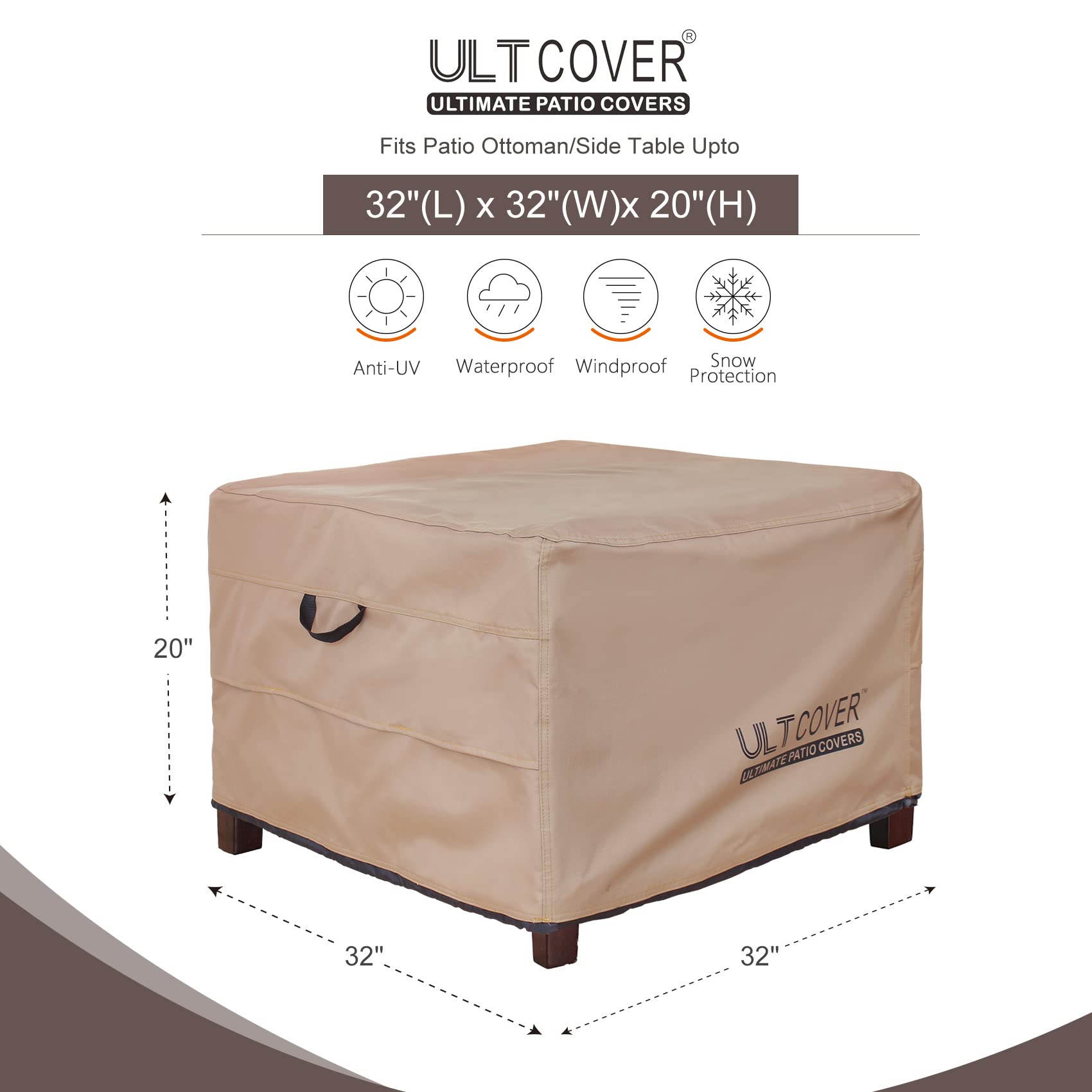Waterproof Square Patio Ottoman Cover 32x32x20 Inch - Outdoor Furniture Protector for Side Table, Cushion & Storage - Weatherproof, UV Resistant for Deck, Garden & Backyard Use