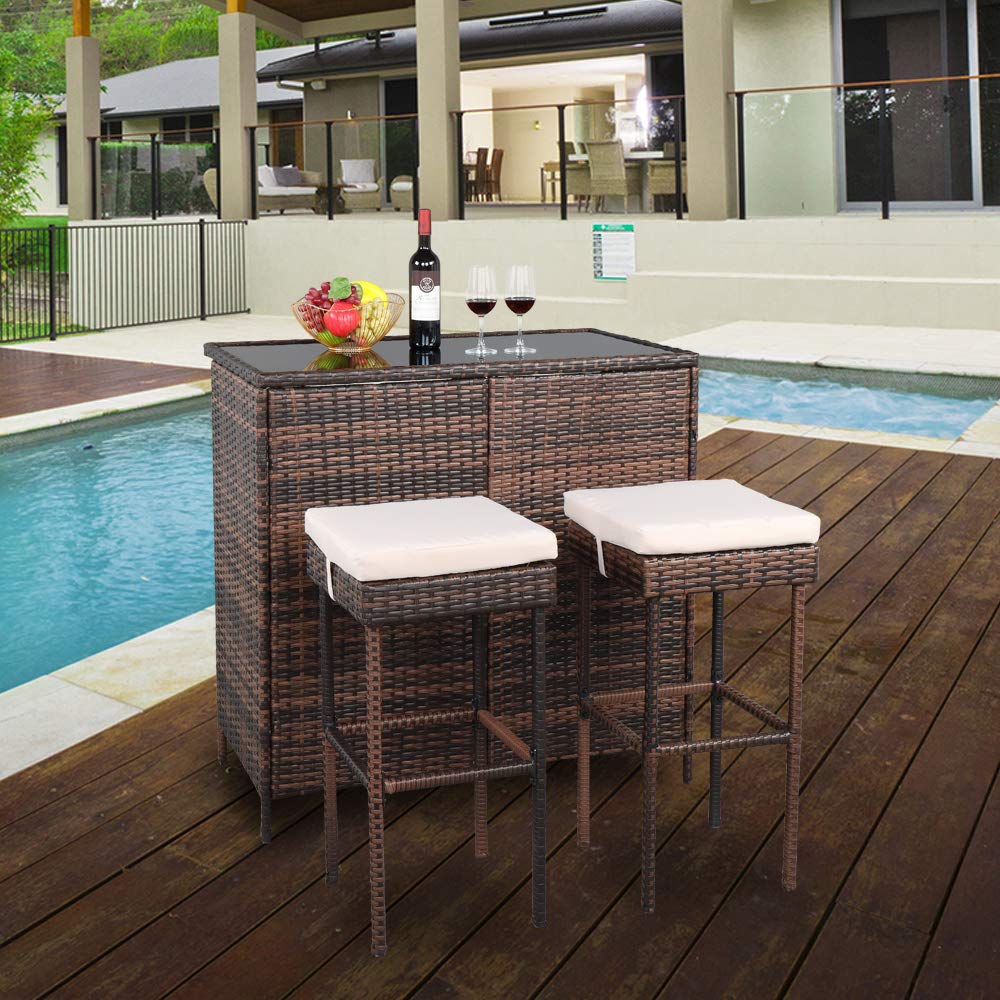 HomVent 3-Piece Outdoor Wicker Bar Table Set - PE Rattan Bar Height Table with 4 Stools, Steel Frame & Glass Top - Perfect for Patio, Poolside, Lawn, Backyard & Garden Entertaining