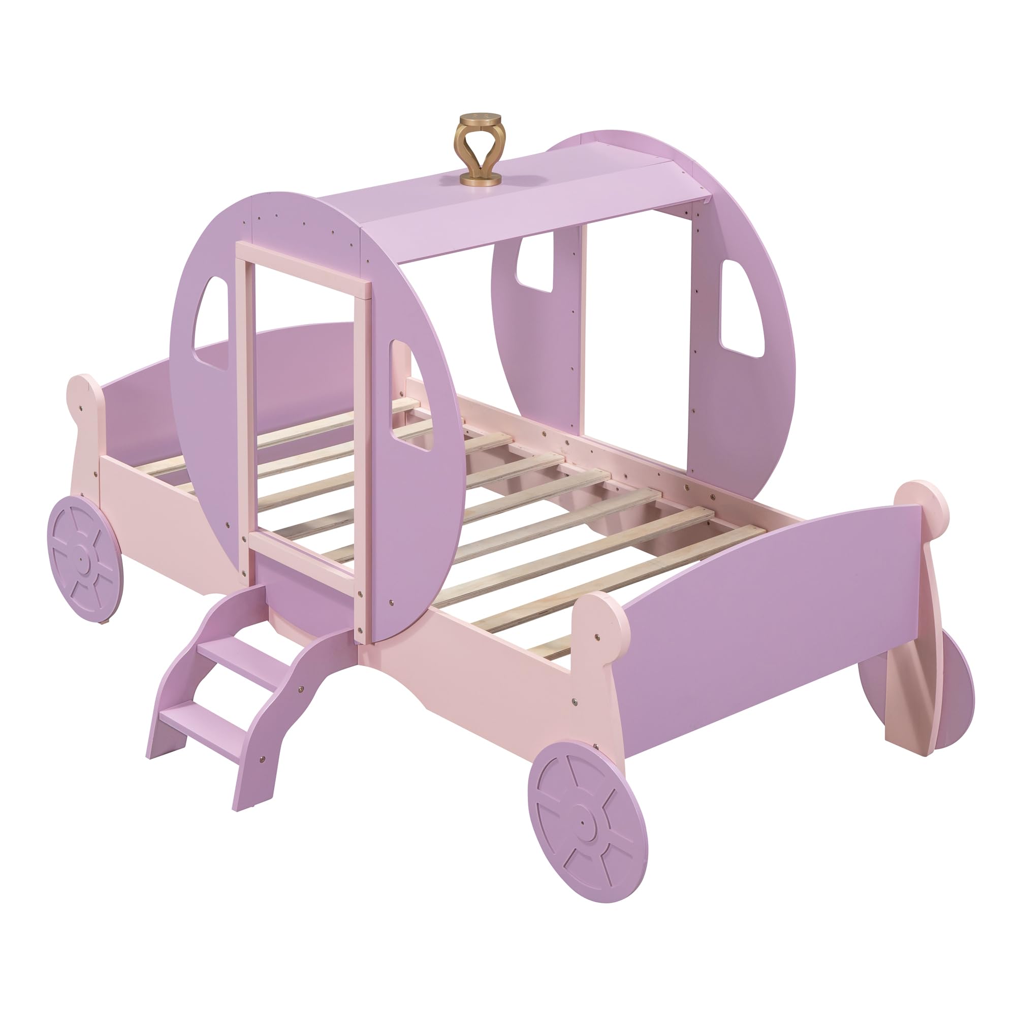 LZ LEISURE ZONE Twin Size Princess Carriage Bed with Crown - Wooden Twin Platform Bed Frame with Stairs in Purple & Pink - Perfect for Girls' Bedroom, Fairytale Theme Decor, and Kids' Fantasy Sleep Space