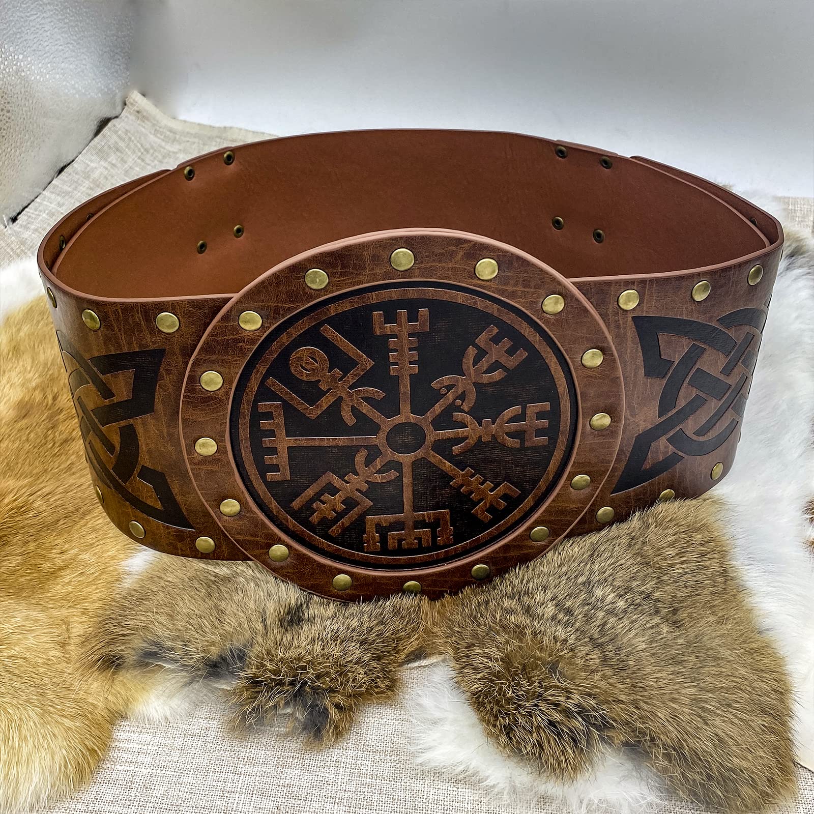 Viking Embossed Wide Belt - Nordic Faux Leather Armor Belt for LARP, Cosplay & Halloween Costume | Medieval Knight Corset Belt (Brown) - Perfect for Renaissance Faires, Viking Reenactments & Fantasy Events