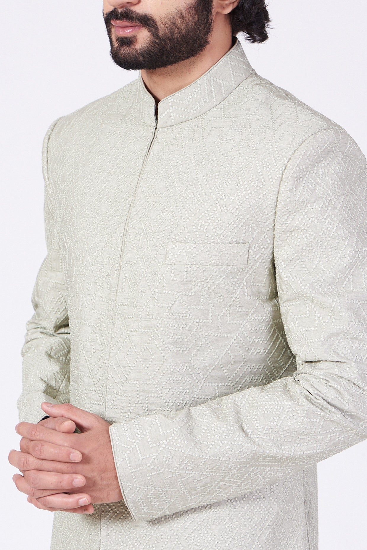 Elegant Mint Green Geometric Embroidered Sherwani for Men | Traditional Indian Wedding Outfit | Perfect for Festivals, Ceremonies & Special Occasions