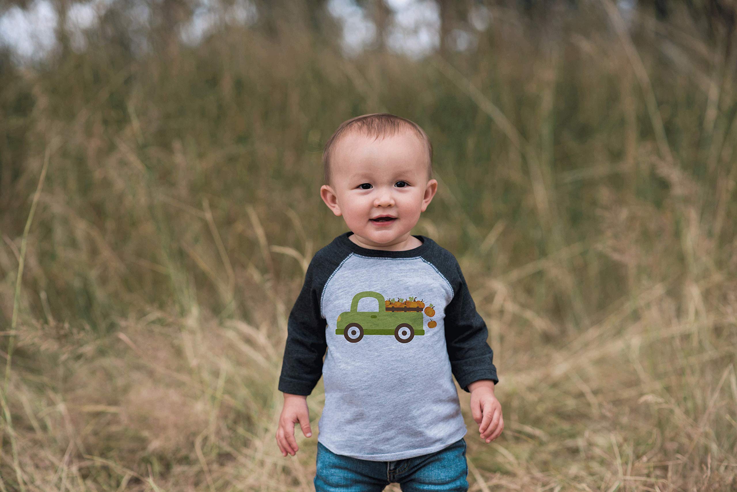 7 ate 9 Apparel Kids Pumpkin Truck Graphic T-Shirt - Fall Autumn Long Sleeve Shirt for Boys & Girls - Soft Cotton Grey Top for Halloween, Thanksgiving & Seasonal Outfits