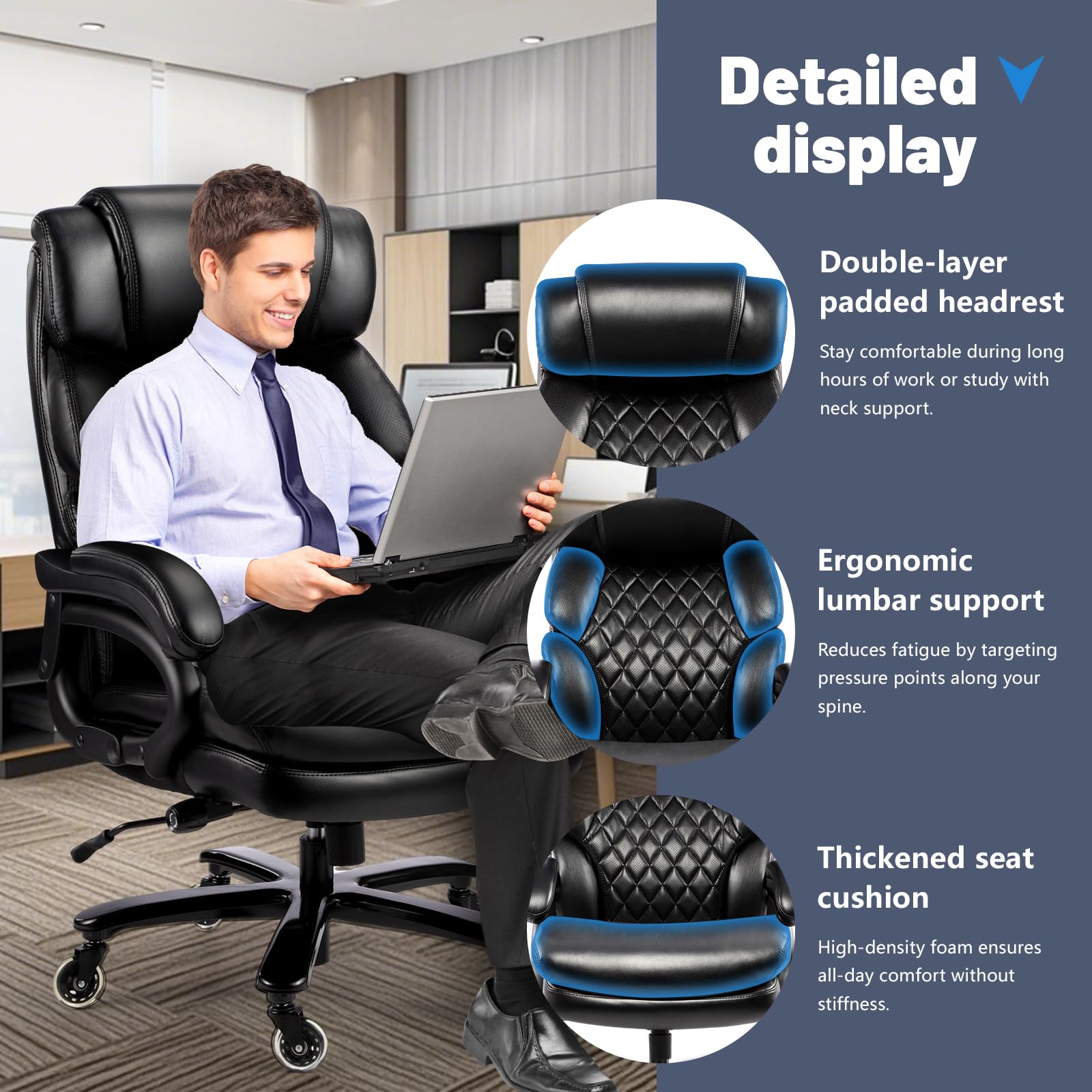 600LBS Heavy Duty Big and Tall Office Chair for Large People - High Back Executive Chair with Extra Wide Seat, Adjustable Lumbar Support & Ergonomic Design - Perfect Computer Desk Chair for Home Office, Gaming or Workspace