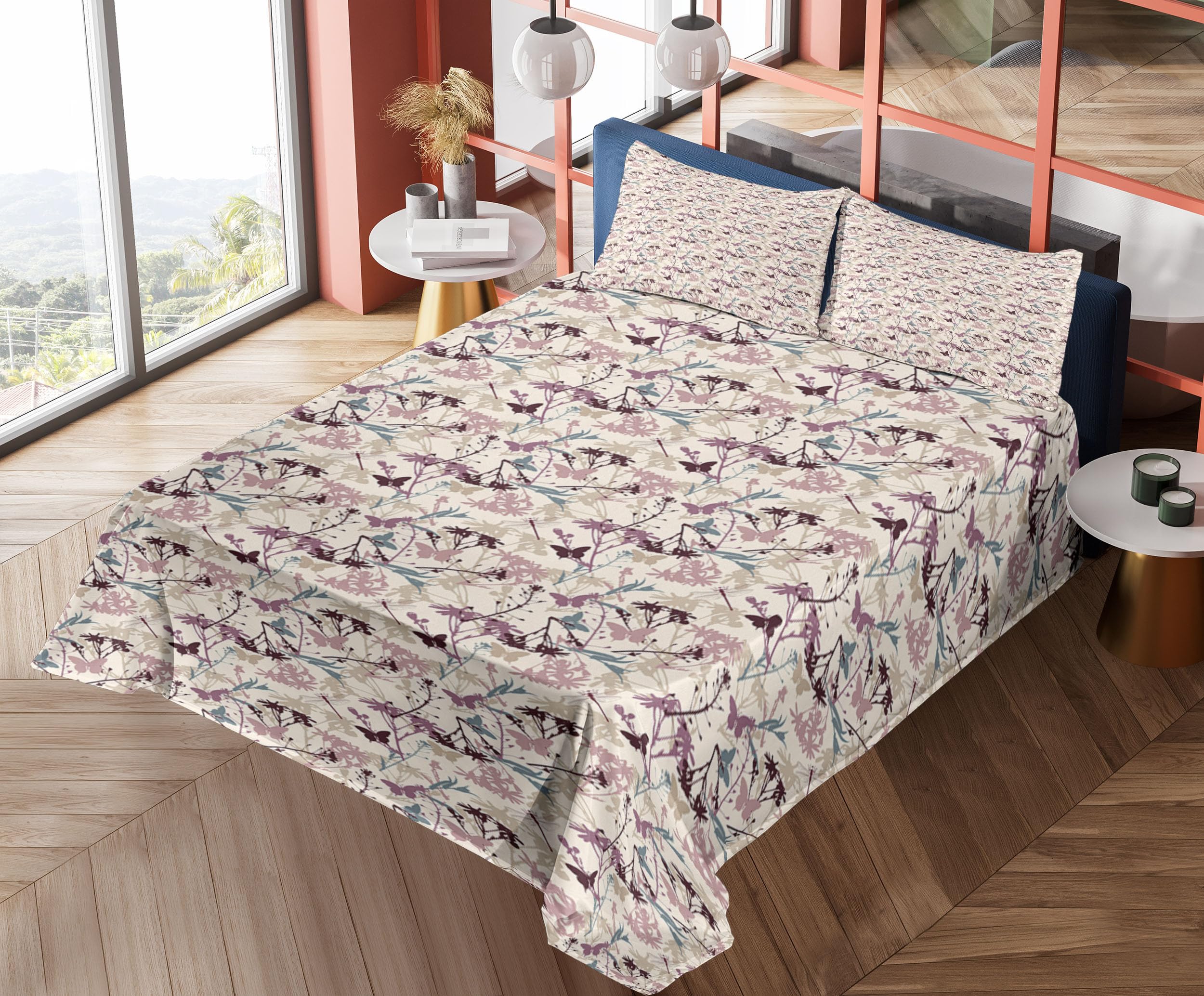 Ambesonne Floral Sheet Set 4-Piece King Size - Abstract Butterfly & Dragonfly Wildflowers Design, Teal Beige Mauve Bedding with Fitted Sheet, Flat Sheet & Pillowcases | Perfect for Guest Rooms, Master Bedrooms & Bohemian Home Decor