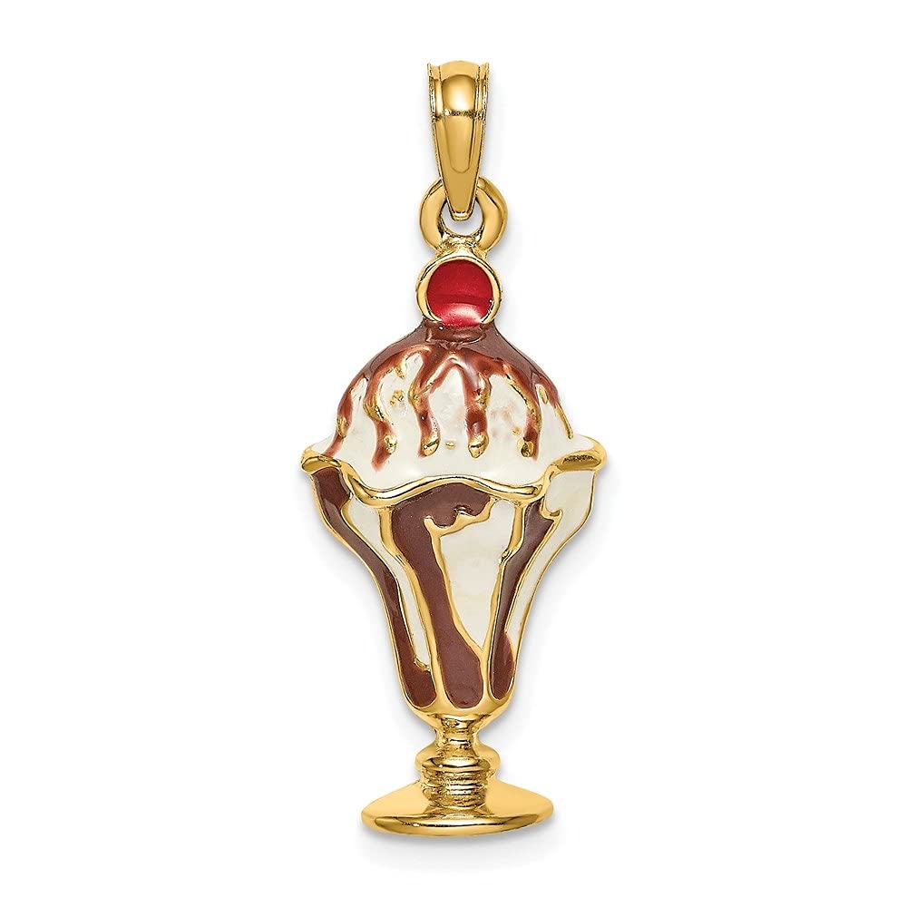 14K Yellow Gold Chocolate Ice Cream Sundae Cherry Top Pendant Necklace - Fine Jewelry for Women (21.8mm x 11.45mm) - Perfect Gift for Birthday, Anniversary & Valentine's Day