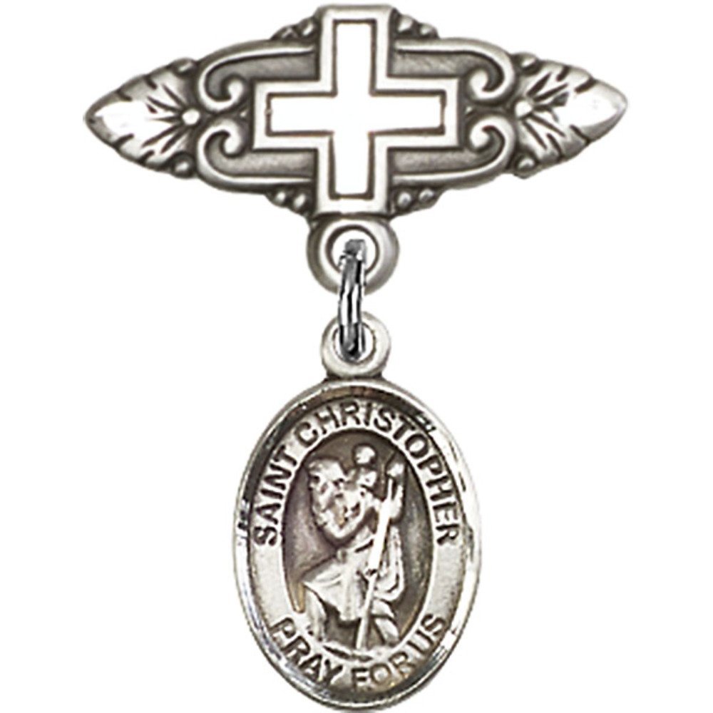 Sterling Silver Baby Badge with St. Christopher Charm - Religious Jewelry Pin with Cross (1