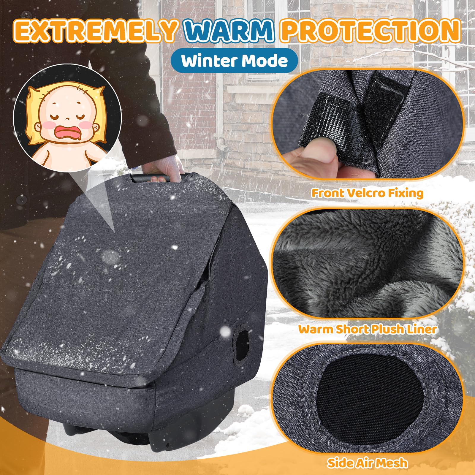 Universal Winter Baby Car Seat Cover with Clear Peek Window - Waterproof Snow Wind & Rain Protection - Zipper Door & Side Ventilation - Machine Washable Grey - Perfect for Strollers, Shopping & Outdoor Adventures