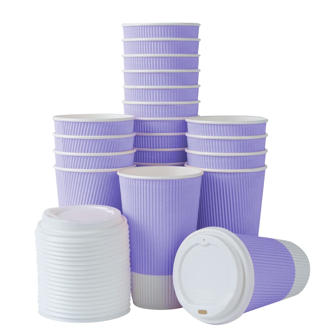 16oz Insulated Coffee Cups with Lids (20-Pack) - Leakproof & Non-Slip Ripple Wall Hot Cups - Light Purple Disposable Paper Cups for Coffee, Tea, Hot Cocoa & Lattes - Perfect for Cafes, Offices & Home Use