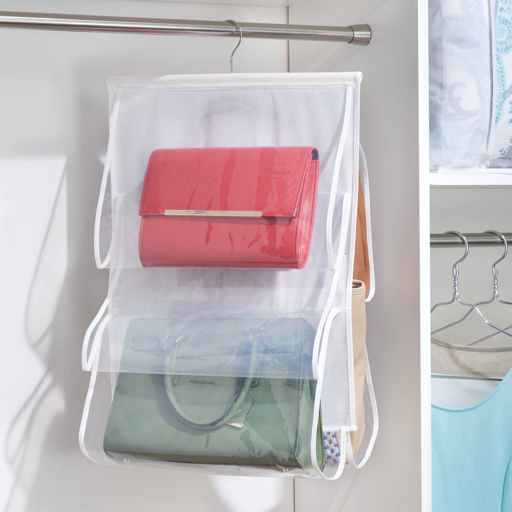 InterDesign Hanging Handbag & Purse Organizer with 12 Pockets - White/Clear Closet Storage Solution for Women's Accessories | Perfect for Bedroom, Walk-in Closet & Dorm Organization