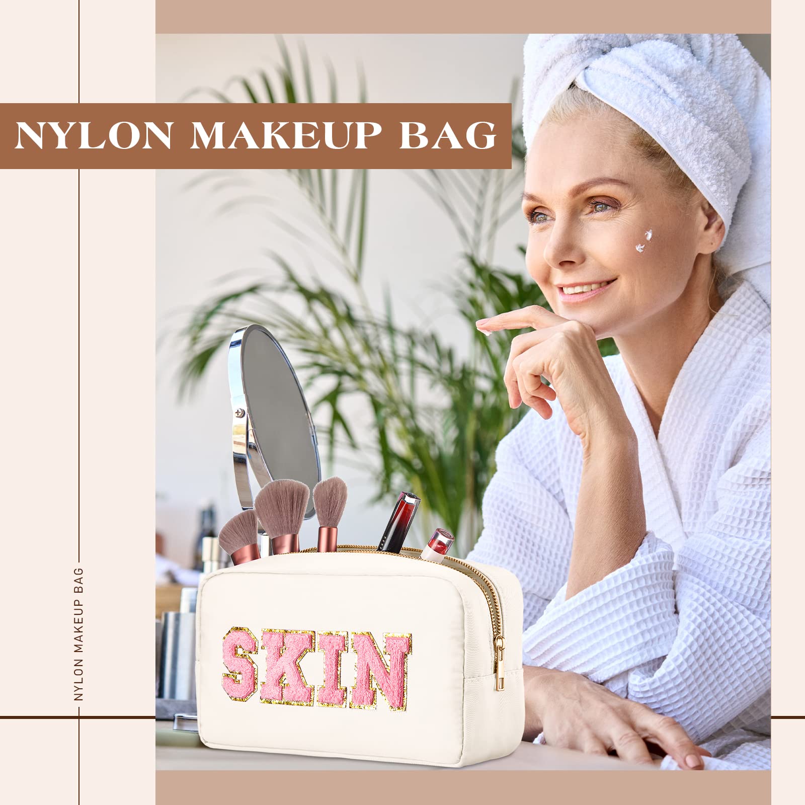 4 Pack Preppy Makeup Bags | Chenille Letter Cosmetic Pouches with Zipper | Nylon Travel Toiletry Cases for Women | Perfect for School, Gym & Vacation Essentials