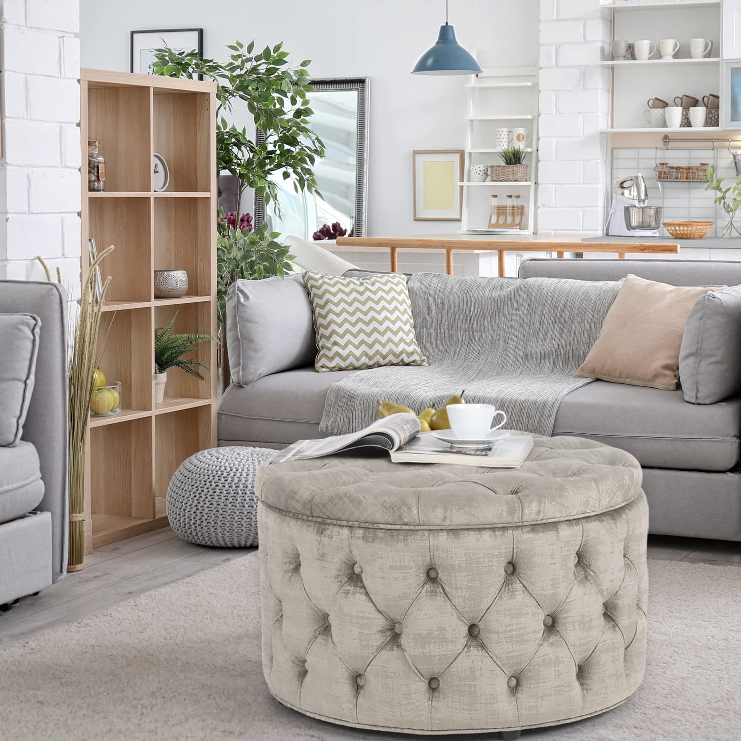 Joveco Round Storage Ottoman with Removable Top - Button Tufted Upholstered Bench, Coffee Table & Footrest Stool for Living Room, Bedroom & Entryway - Perfect for Extra Seating, Storage & Home Decor (Beige)