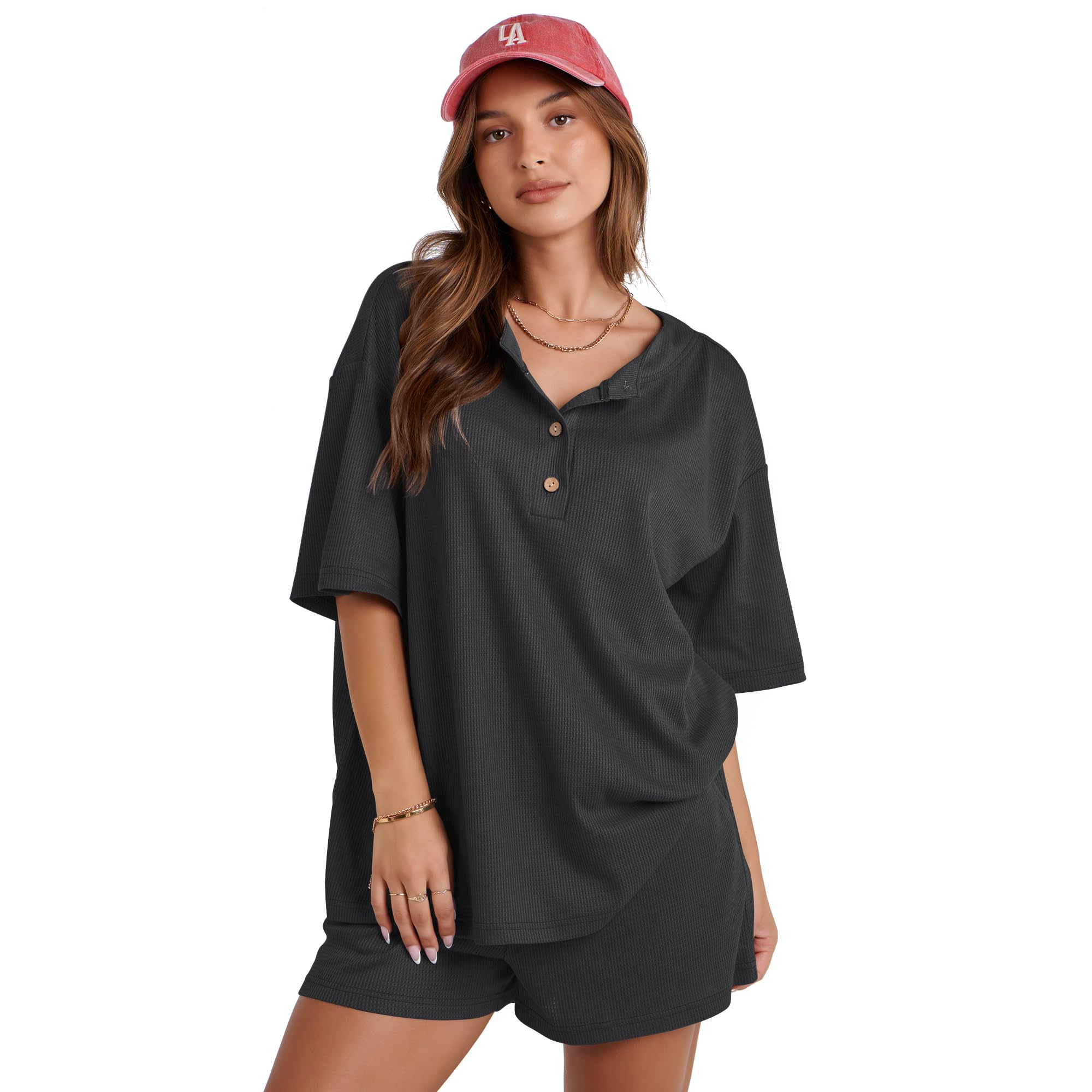 Waffle Knit Lounge Set for Women - 2 Piece Shorts & Top Matching Outfit, Casual Pajama Set | Perfect for Home Relaxation, Sleepwear & Loungewear