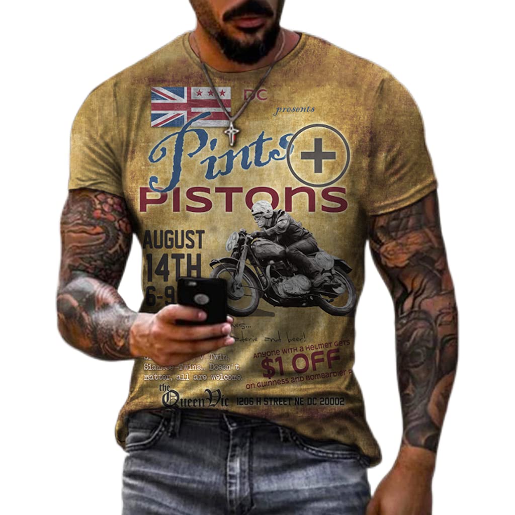 Vintage Biker Print Men's T-Shirt - Summer Casual Short Sleeve Crew Neck Cotton Tee for Motorcycle Riding, Road Trips & Everyday Wear