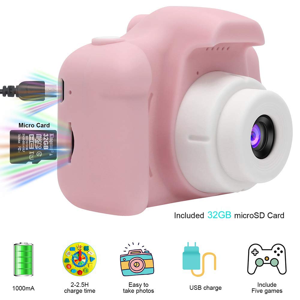 Kids Digital Camera for Toddlers 3-8 Years Old - Rechargeable Shockproof Video Camcorder with 32GB Memory Card - Perfect Birthday Gift for Boys & Girls (Pink) - Great for Outdoor Adventures, Family Trips and First Photography Experience