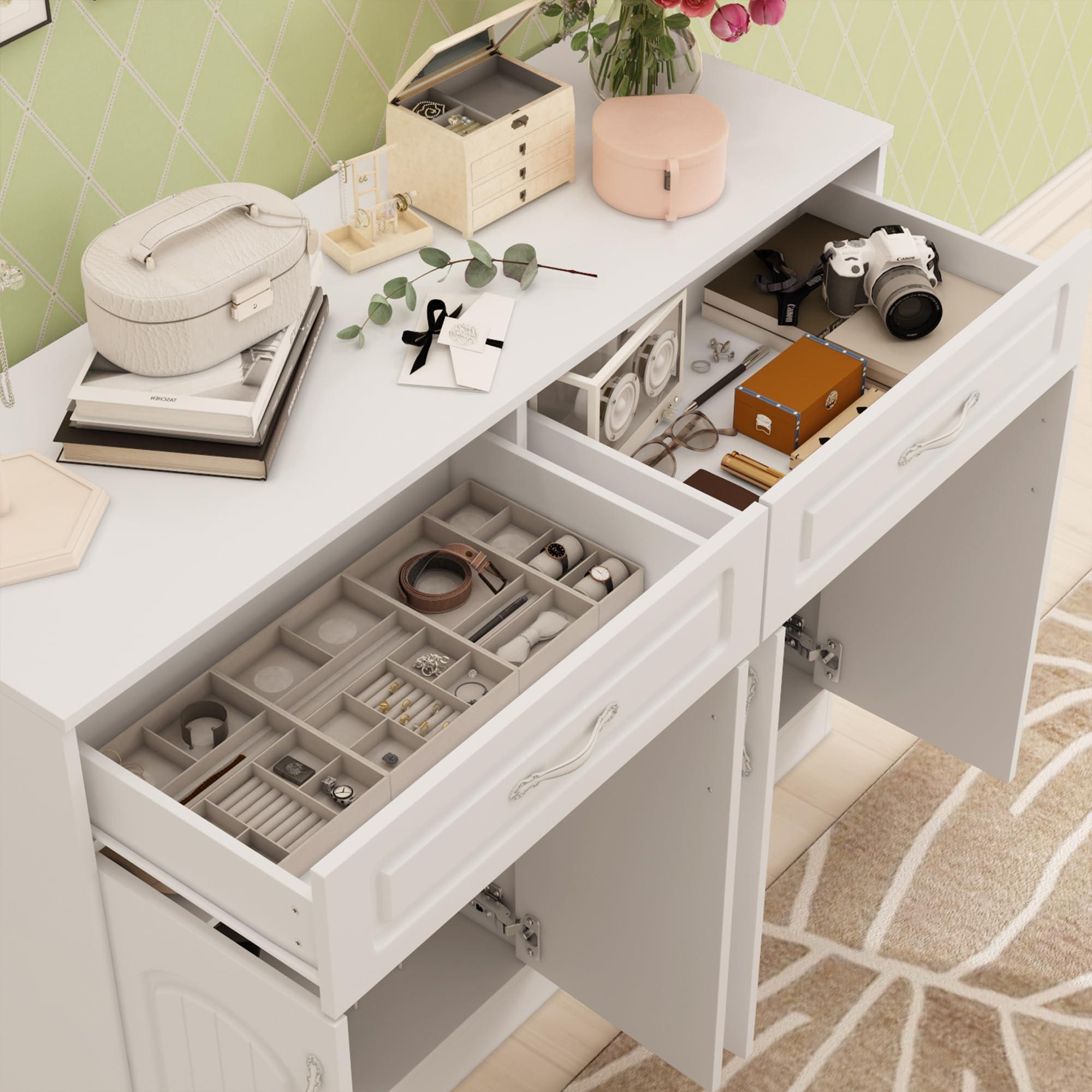 AIEGLE 4-Door 2-Drawer Shoe Storage Cabinet - Entryway Organizer for 12-18 Pairs of Shoes with Metal Handles, Freestanding Shoe Rack for Hallway, Living Room, Bedroom - White (Perfect for Small Spaces & Home Organization)