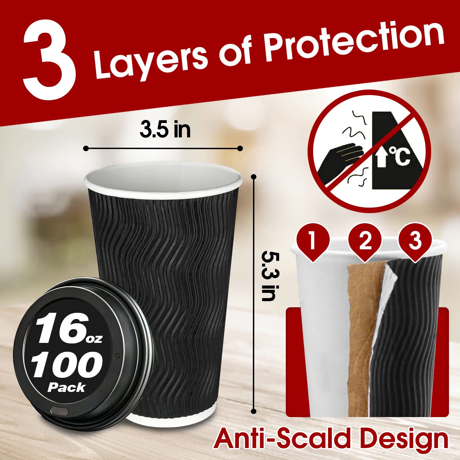 16 oz Disposable Coffee Cups 100 Pack - Insulated Paper Cups with Lids for Coffee, Tea & Hot Chocolate - Perfect for Coffee Shops & Takeout
