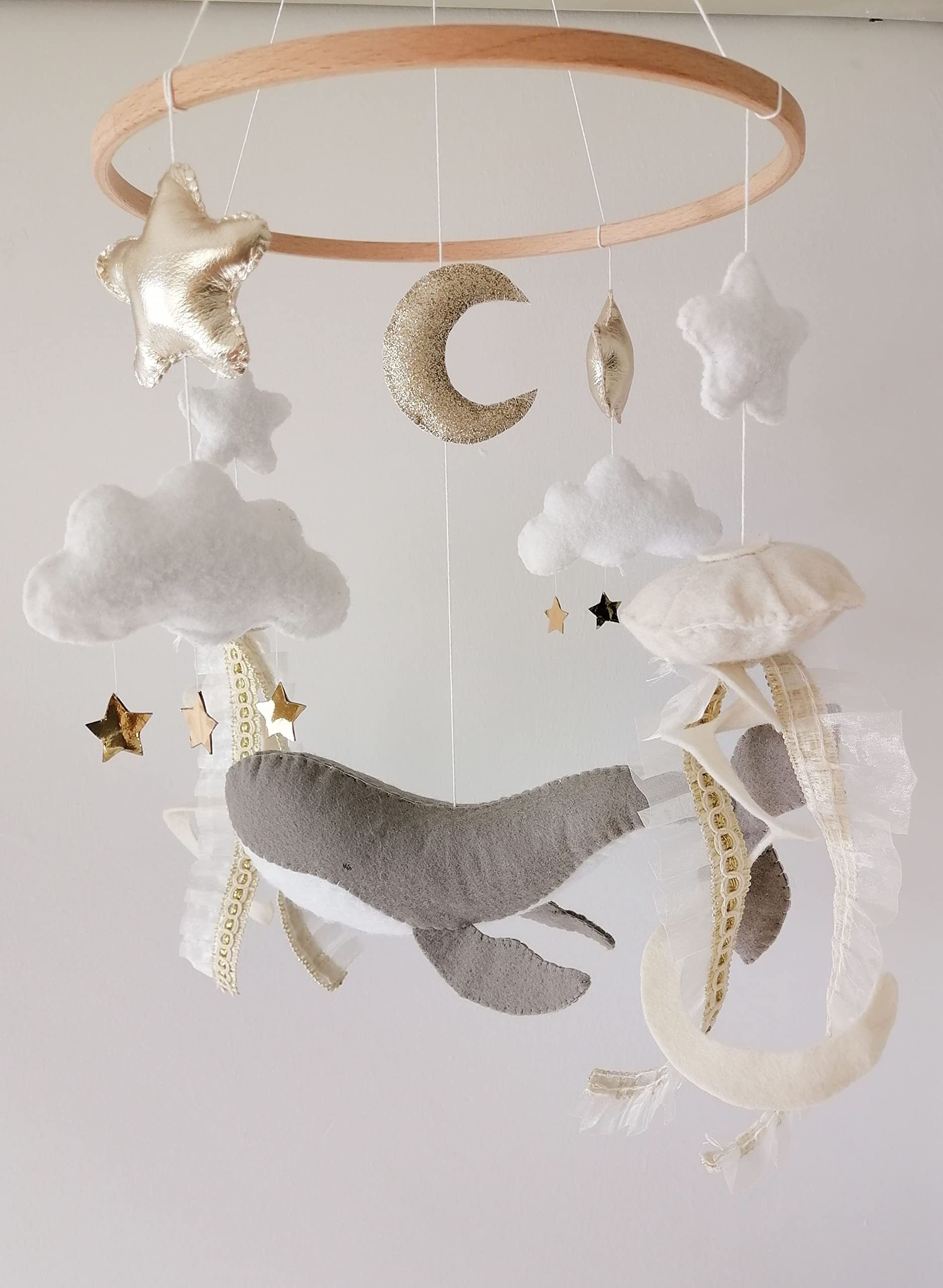 Whale Baby Mobile - Ocean Themed Crib Mobile with Jellyfish, Gold Star & Moon - Under The Sea Felt Animals for Neutral Nursery - Perfect Baby Shower Gift for Newborns & Toddlers - Ideal for Bedroom Decor & Sensory Development