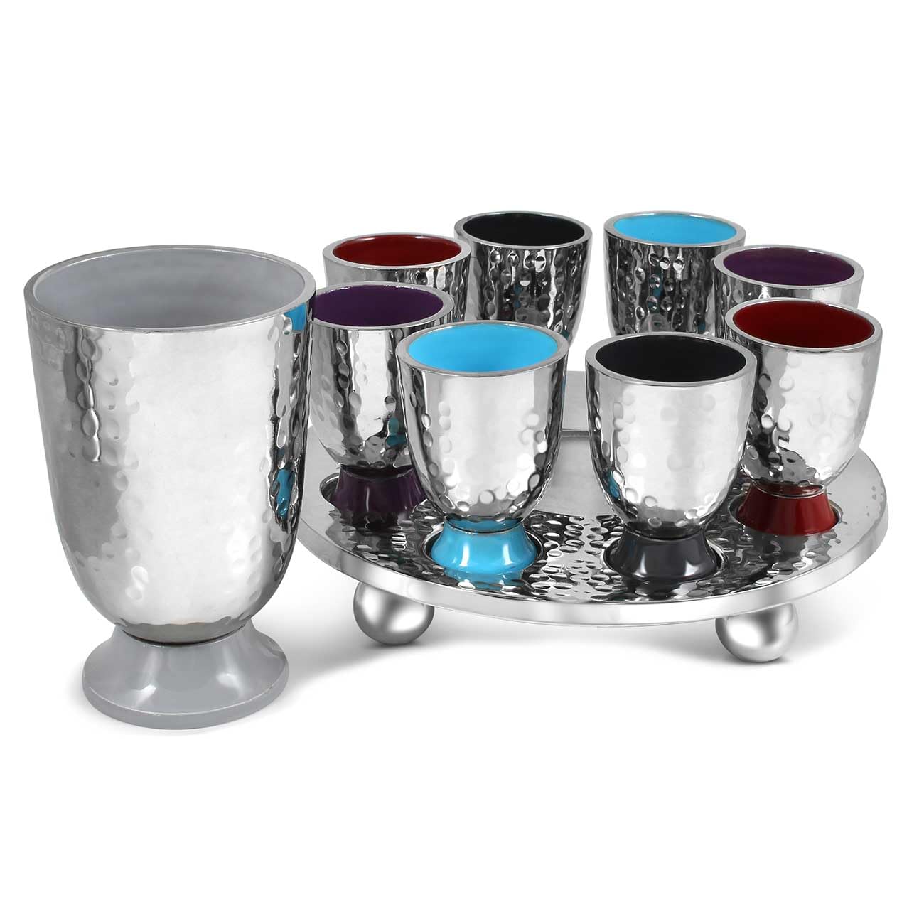 Elegant Hammered Metal Kiddush Cup Wine Fountain Set with Enamel Detailing - Large Goblet & 8 Shot Cups for Jewish Holidays - Perfect for Shabbat, Passover, Seder, Yom Tov & Wedding Gifts by Zion Judaica (Multi Color) - Ideal for Jewish Ceremonies, Holiday Celebrations & Special Occasions
