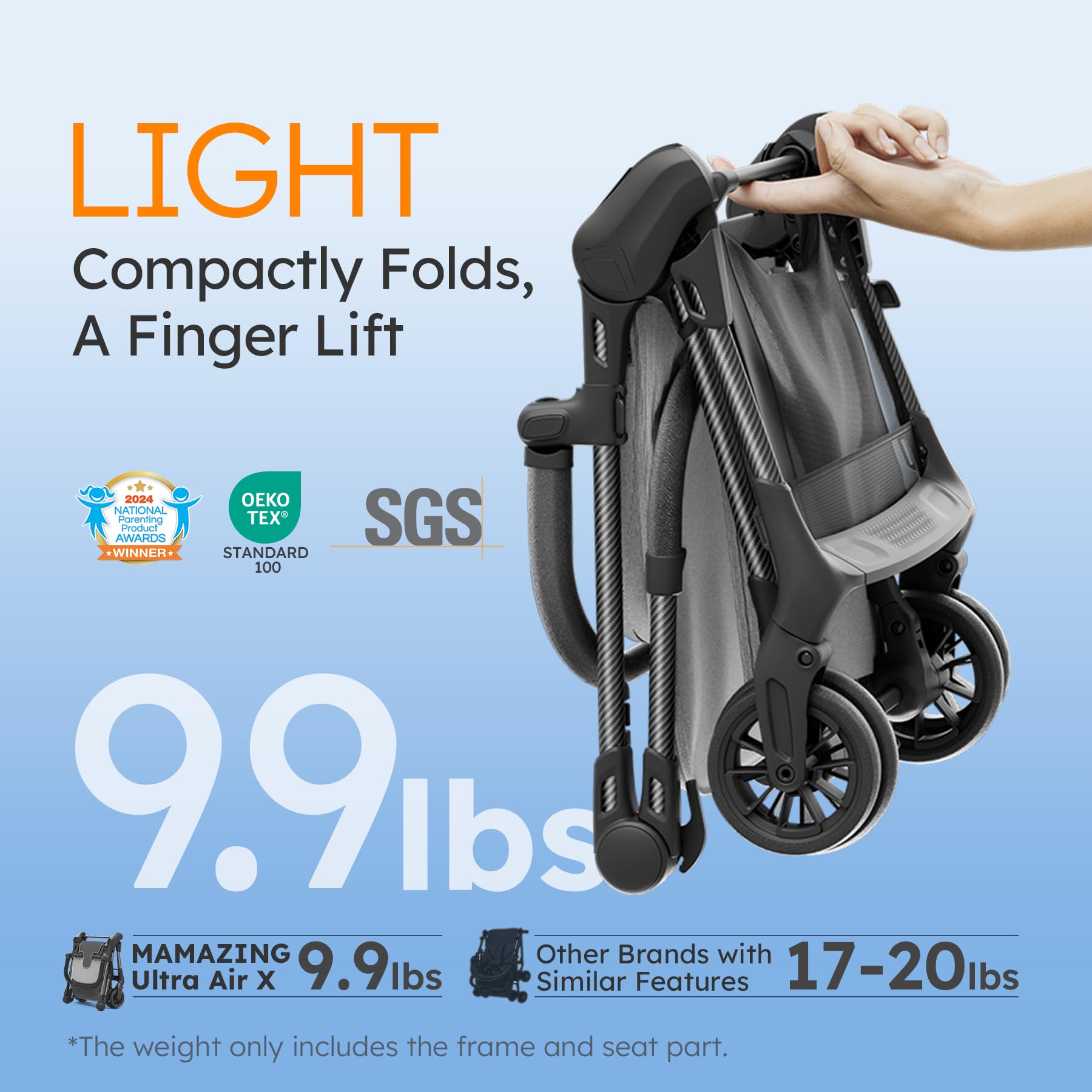 Ultra-Lightweight Baby Stroller for Airplane Travel - Compact Foldable Toddler Stroller with Carbon Fiber Frame & UPF 50+ Sun Protection - Only 9.9 lbs Portable Stroller (Grey) - Perfect for Air Travel, City Walks, and Outdoor Adventures