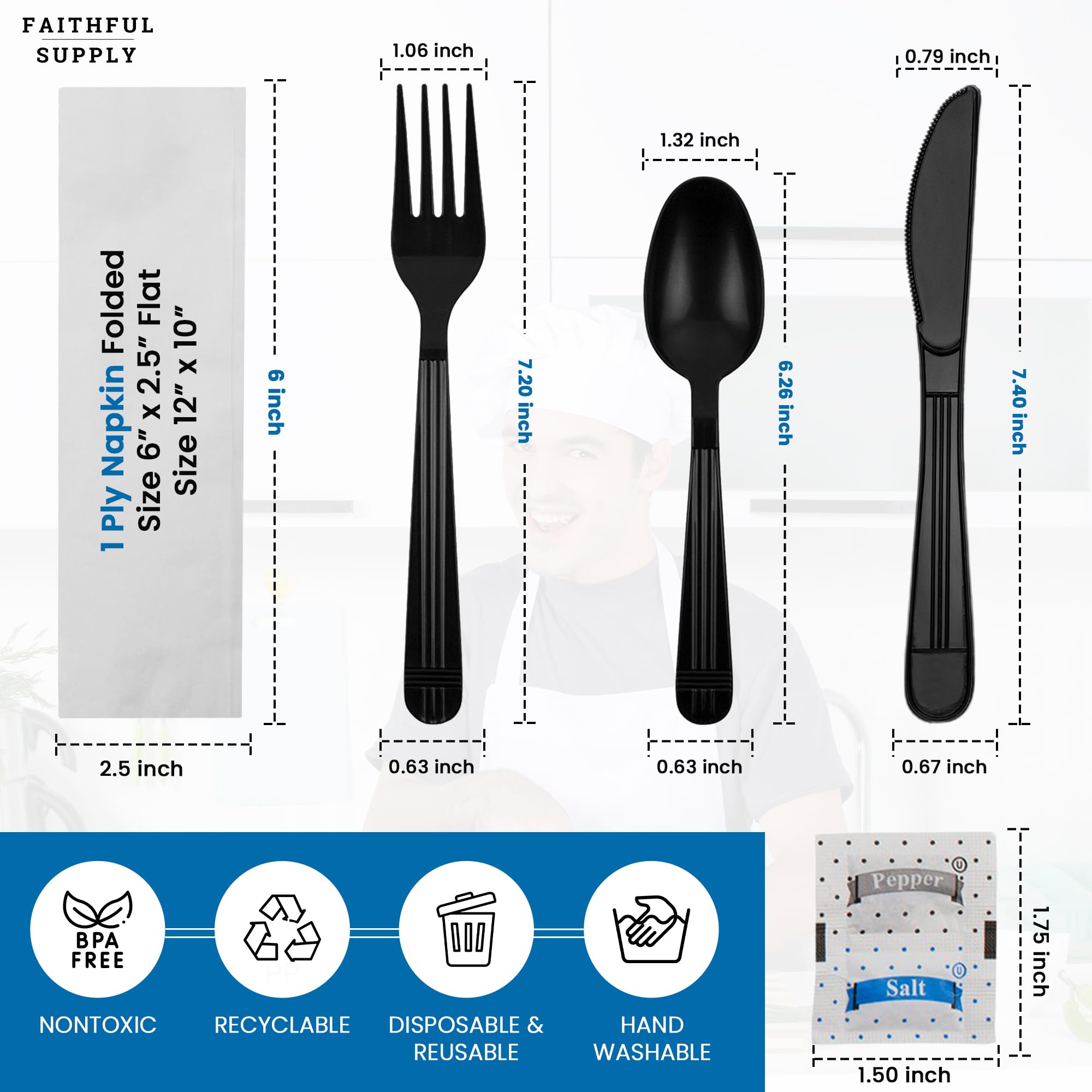 250ct Black Plastic Silverware Set Individually Wrapped - Disposable Cutlery with Napkin for Parties, Picnics, Office Lunches & Takeout Meals | Durable Plastic Utensils for Catering, Events & On-the-Go Dining