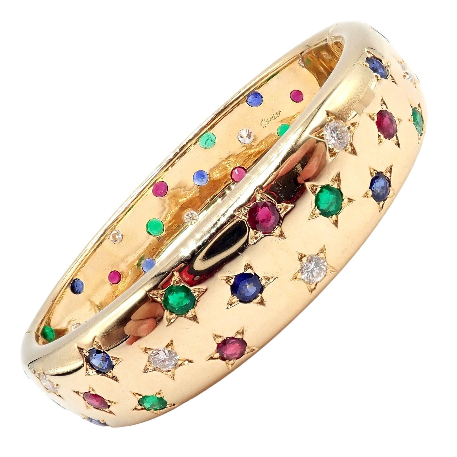 Cartier Star 18k Yellow Gold Diamond Ruby Emerald Sapphire Bangle Bracelet with Certificate - Luxury Jewelry Gift for Women, Anniversary & Special Occasions