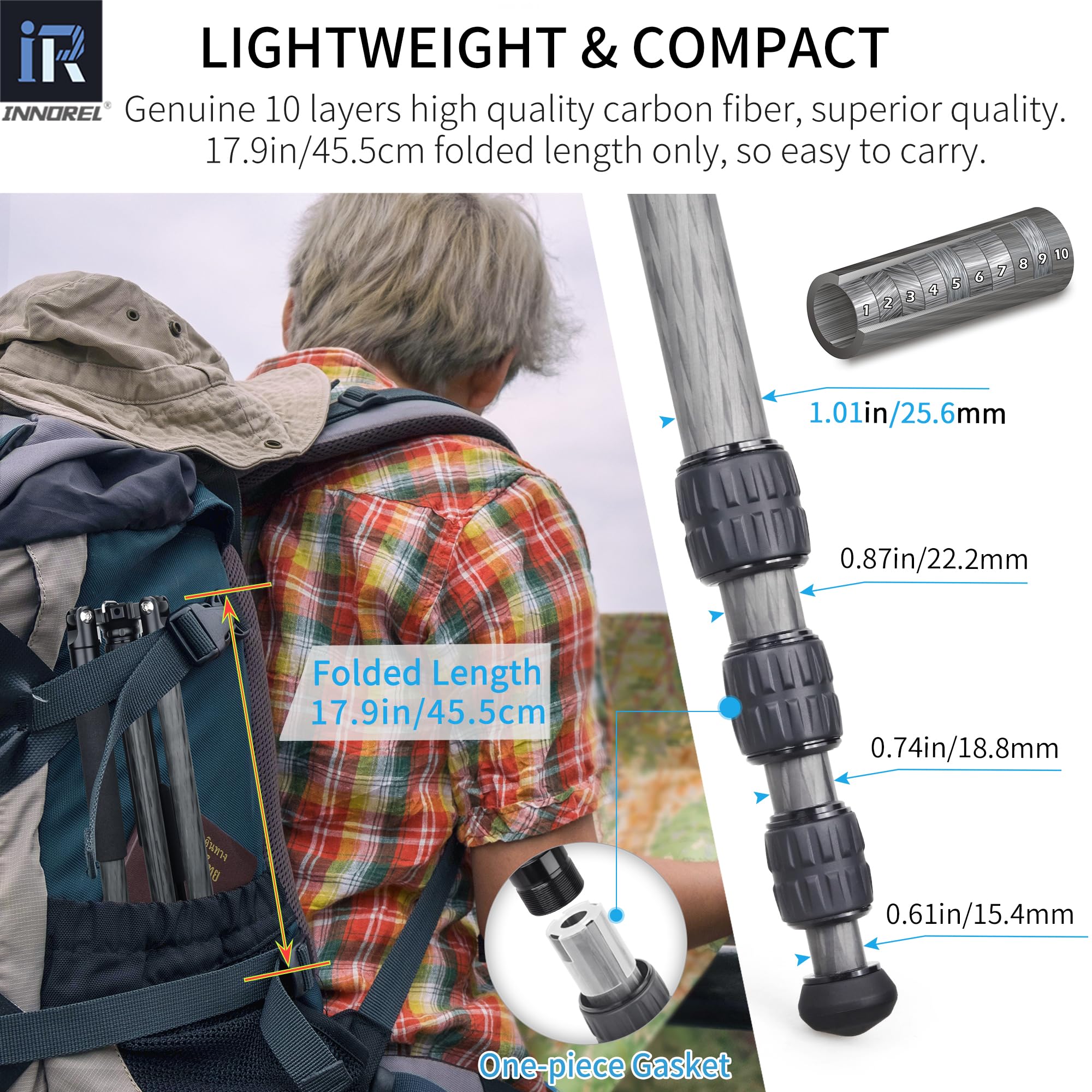 INNOREL RT45C+F10 10-Layer Carbon Fiber Tripod - Compact, Lightweight Travel Tripod & Monopod for DSLR, Camcorder, Mirrorless Cameras with Fluid Video Head, Magic Arm & Phone Clip - Perfect for Travel, Vlogging, Photography & Video Shooting
