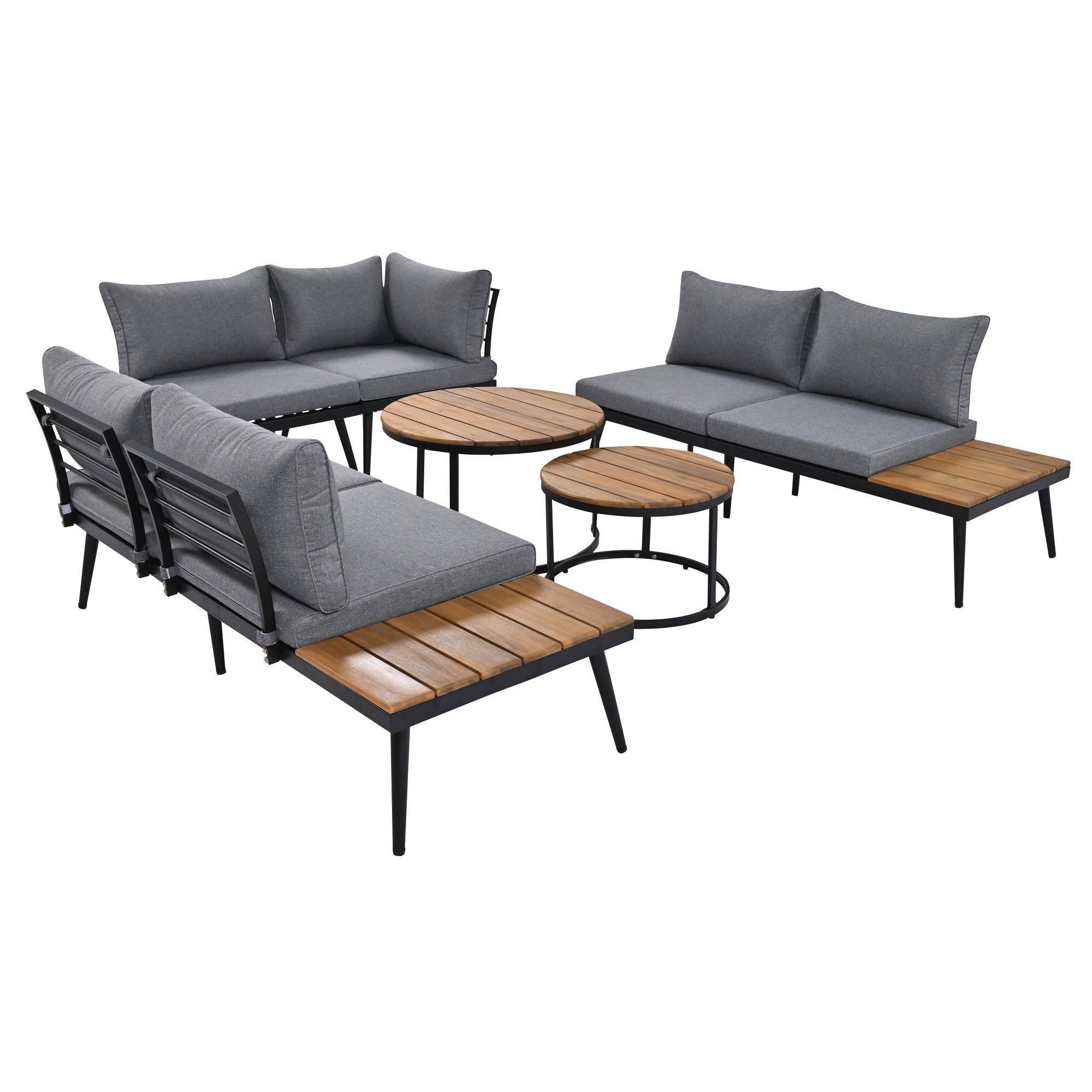 6-Piece Outdoor Sectional Sofa Set with Round Nesting Coffee Tables & Cushioned Seating - Patio, Porch, Garden Furniture for Backyard, Poolside & Outdoor Living Spaces