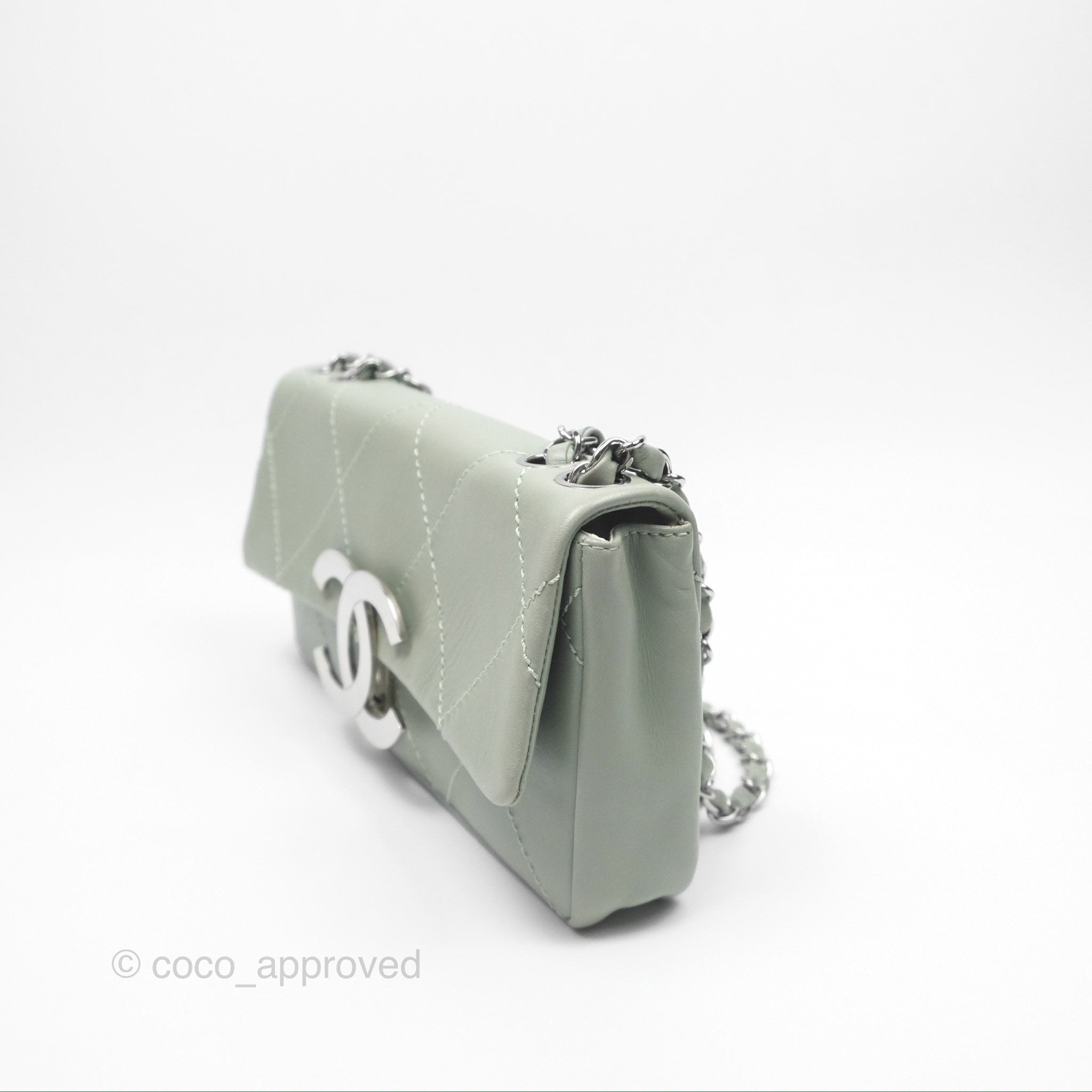 Chanel CC East West Flap Bag Genuine Lambskin Leather Mint Green with Silver Hardware - Luxury Crossbody Purse for Women, Perfect for Date Night & Special Occasions