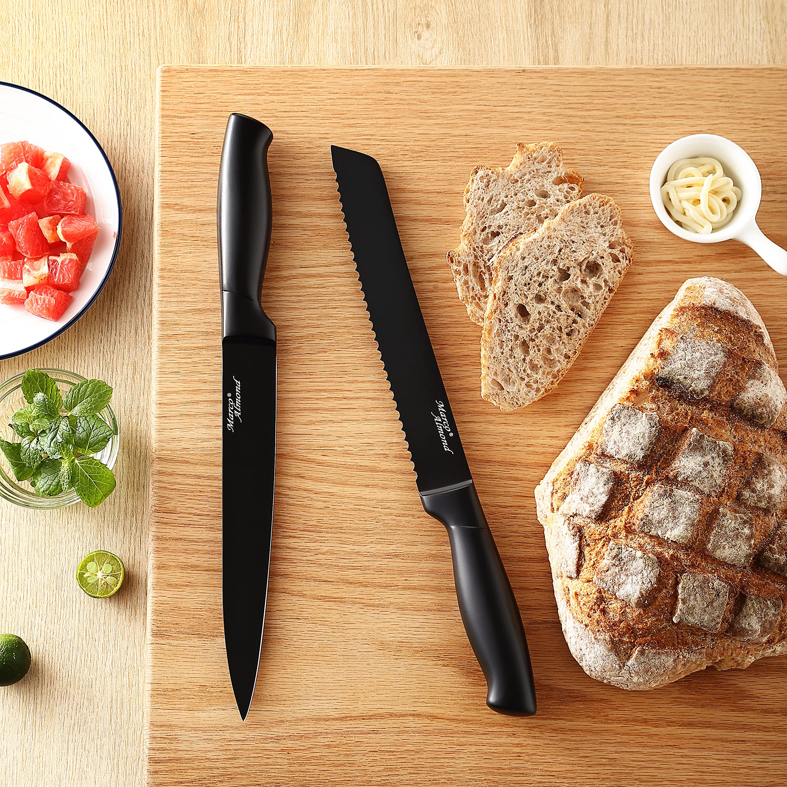 Marco Almond® 17-Piece Stainless Steel Kitchen Knife Set with Block & Sharpener MA23 – Professional Chef Knives for Cooking, Slicing, Dicing – Perfect for Home Kitchens & Culinary Enthusiasts