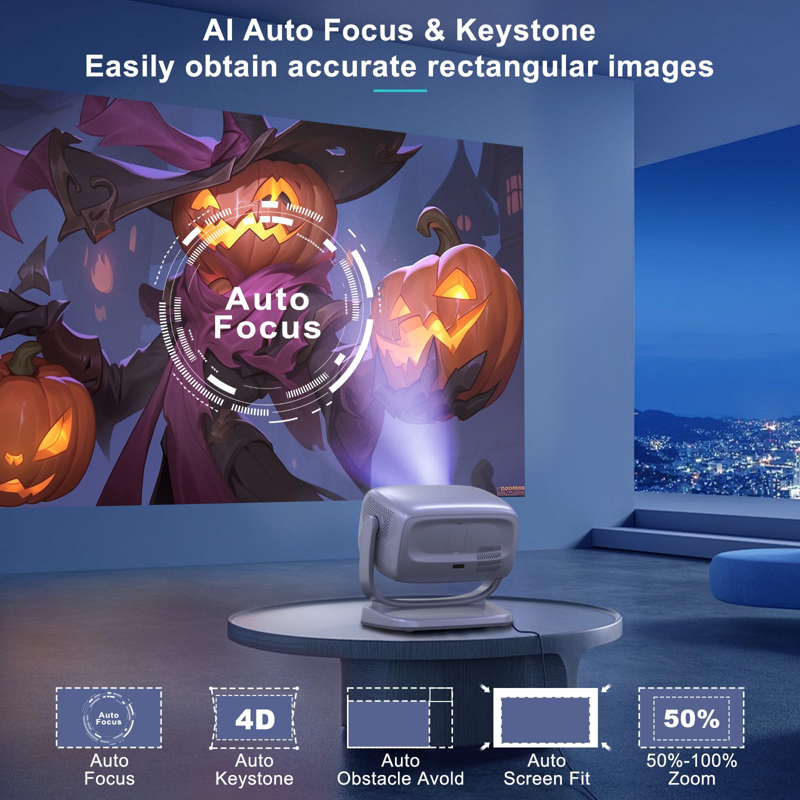 4K WiFi Bluetooth Portable Outdoor Projector - 700ANSI Auto Focus & Keystone, 360° Stand, Netflix Licensed, 3D Support | Smart Home Theater, Camping, Backyard Movie Nights, Ceiling Projection