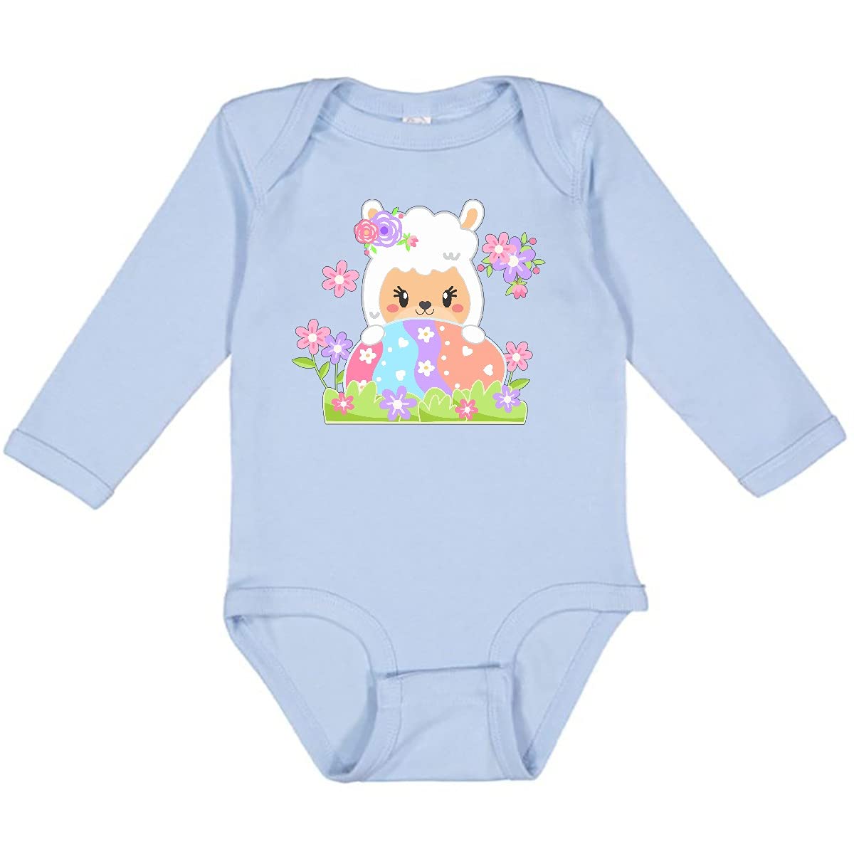 Inktastic Cute Easter Llama with Spring Flowers and Egg - Long Sleeve Baby Bodysuit for Boys & Girls - Perfect for Easter Photos, Spring Outfits & Holiday Gifts