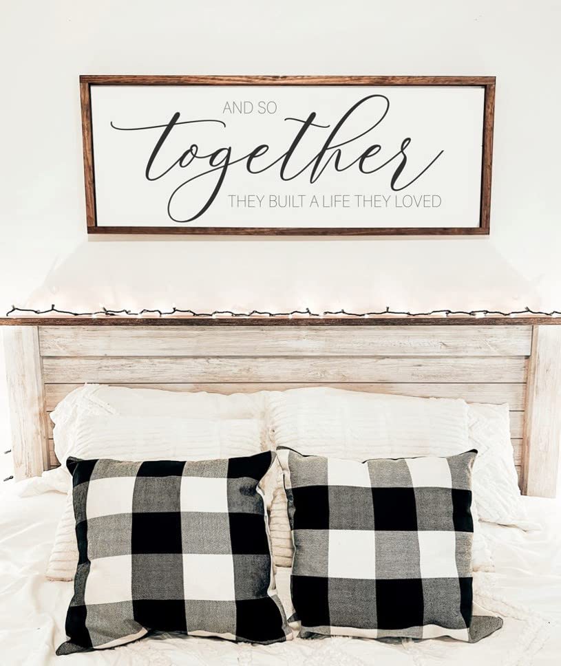 Together They Built A Life They Loved Sign - 16x32 Inch Rustic Wooden Wall Art - Inspirational Bedroom Decor for Couples - Perfect Above Bed Sign for Master Bedroom, Nursery or Wedding Gift