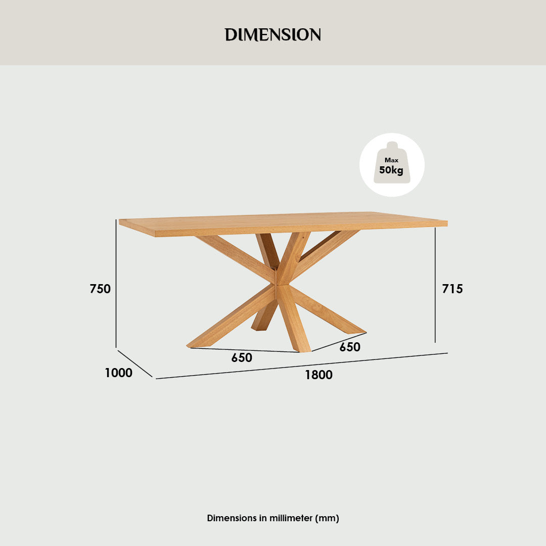 Kare 180cm Natural Wood Dining Table - Modern Farmhouse Style for Dining Room, Kitchen, and Family Gatherings