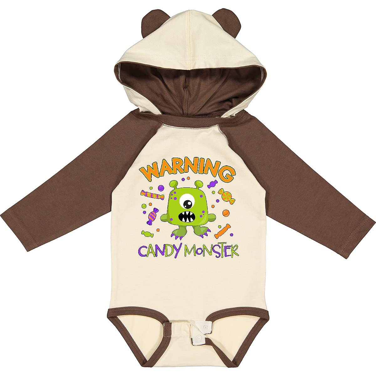 Inktastic Warning Candy Monster Cute Green Long Sleeve Baby Bodysuit - Fun Halloween Costume & Playdate Outfit for Infants and Toddlers