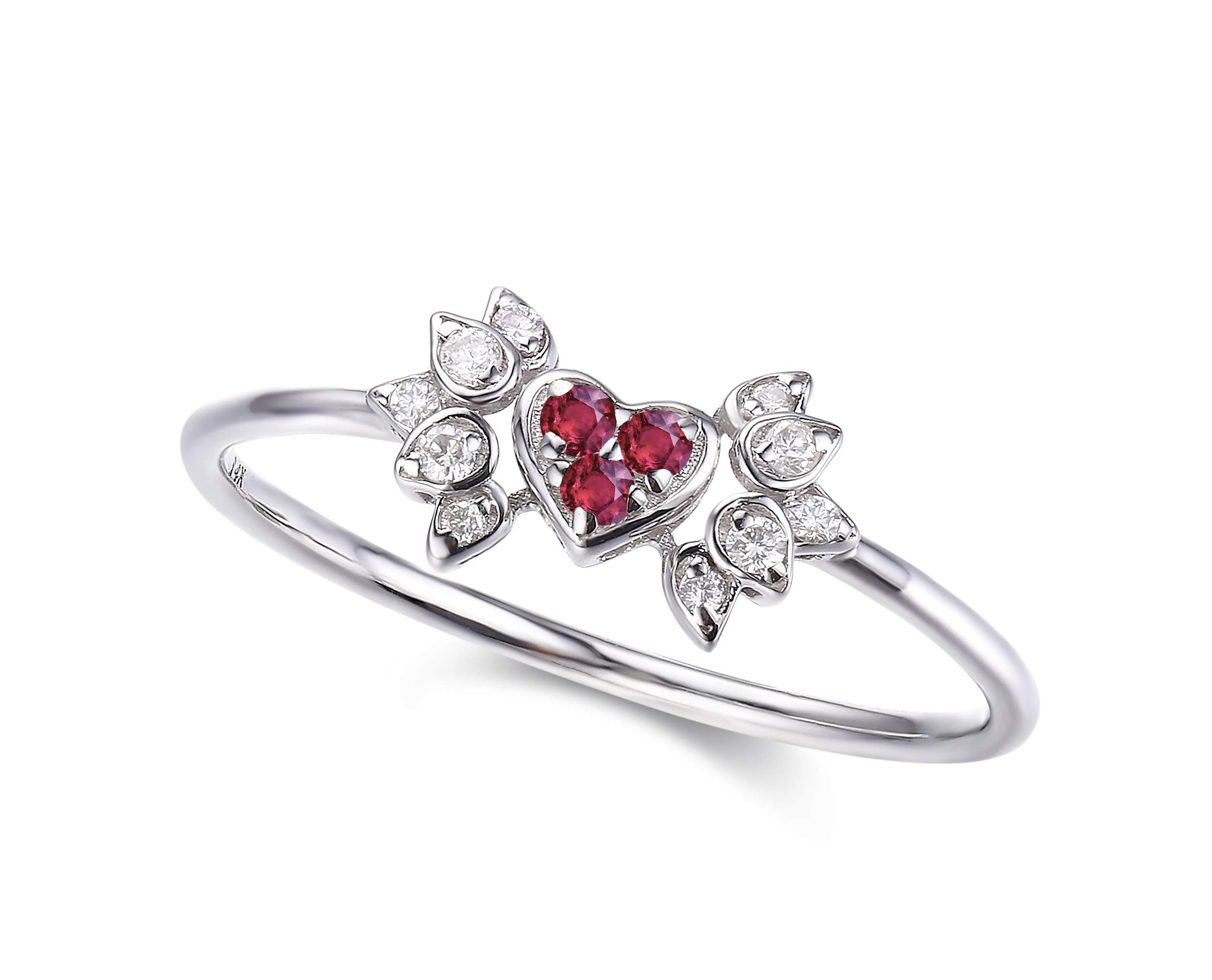 14K White Gold Heart Ruby & Diamond Engagement Ring - July Birthstone Wedding Band, Unique Angel Wing Design, Handmade Promise Ring for Proposals, Anniversaries & Special Occasions