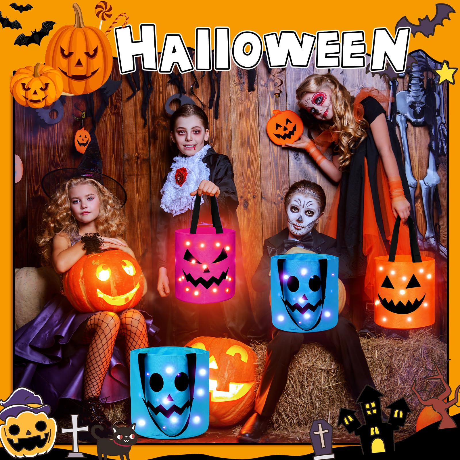 3 Pack LED Halloween Candy Bags with Pumpkin Smile Face - Reusable Pumpkin Bucket Treat Bags for Kids in Pink, Blue & Orange | Perfect for Trick-or-Treating, Halloween Parties & Spooky Decorations