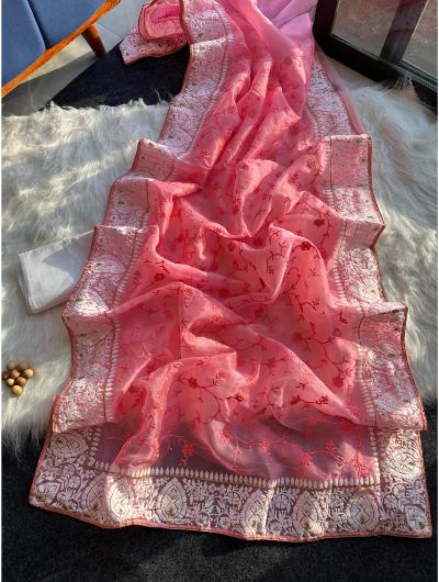 Elegant Peach Organza Chikankari Silk Saree - Handcrafted Indian Bridal Saree for Weddings & Special Occasions
